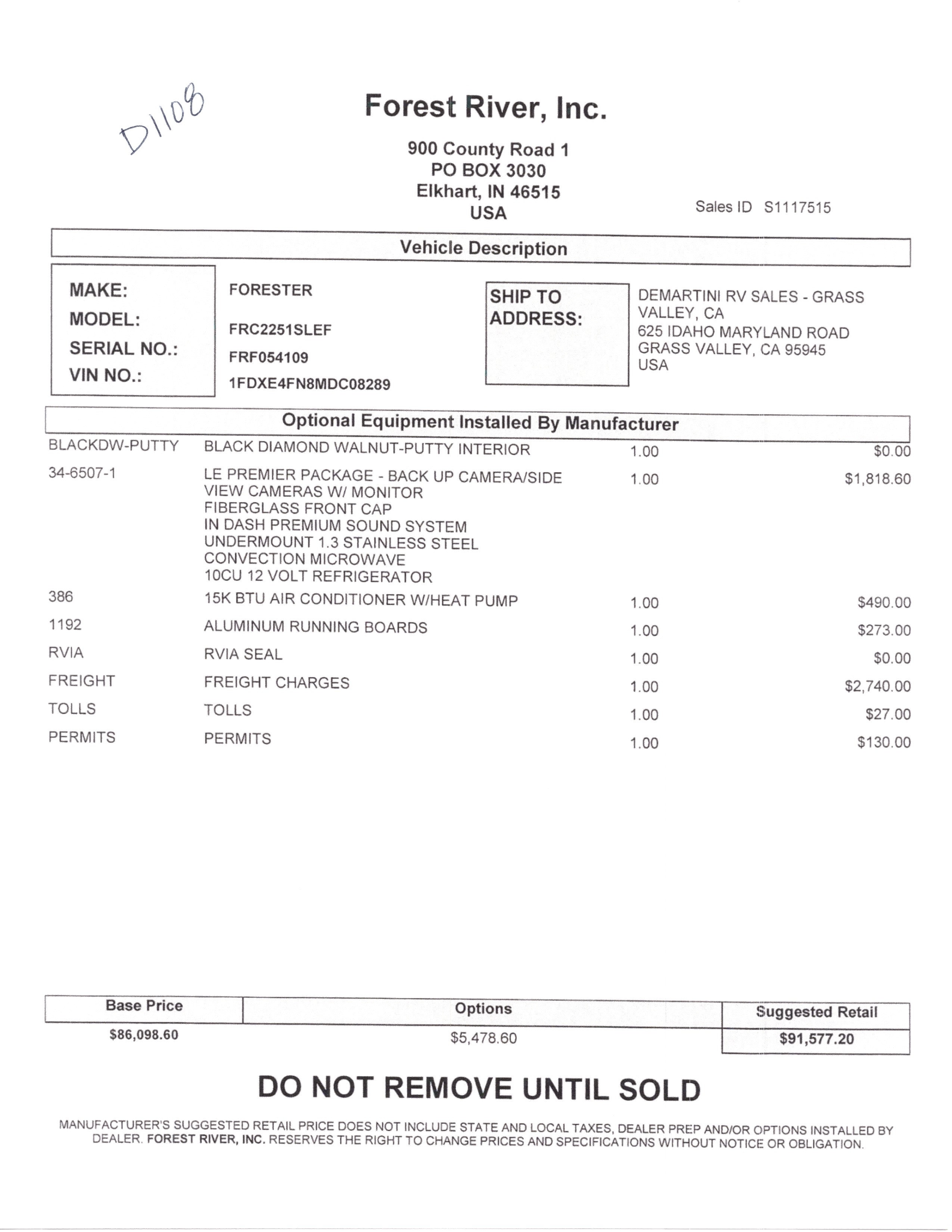 2021 Forest River Forester LE 2251SLE MSRP Sheet