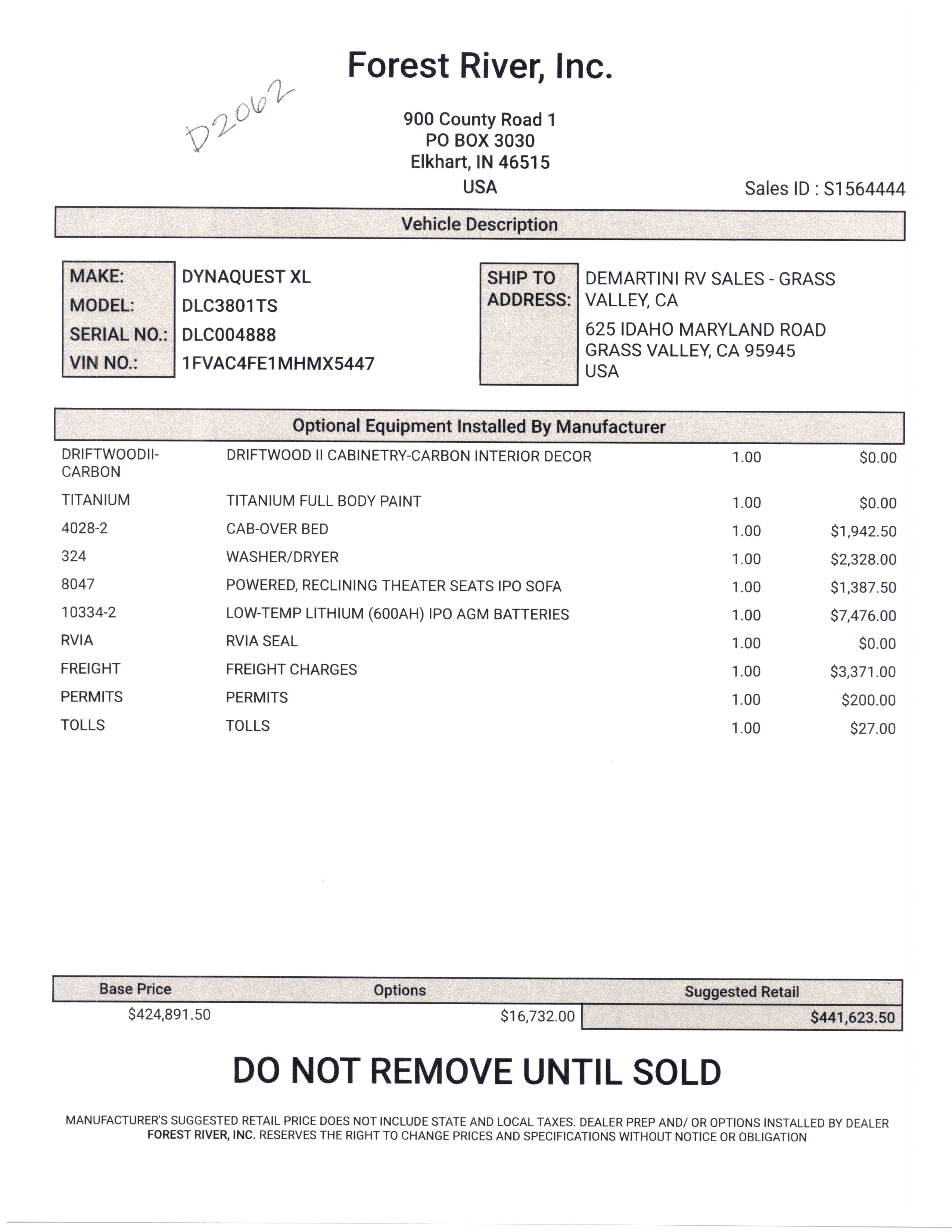 2022 Dynamax Dynaquest XL 3801TS MSRP Sheet