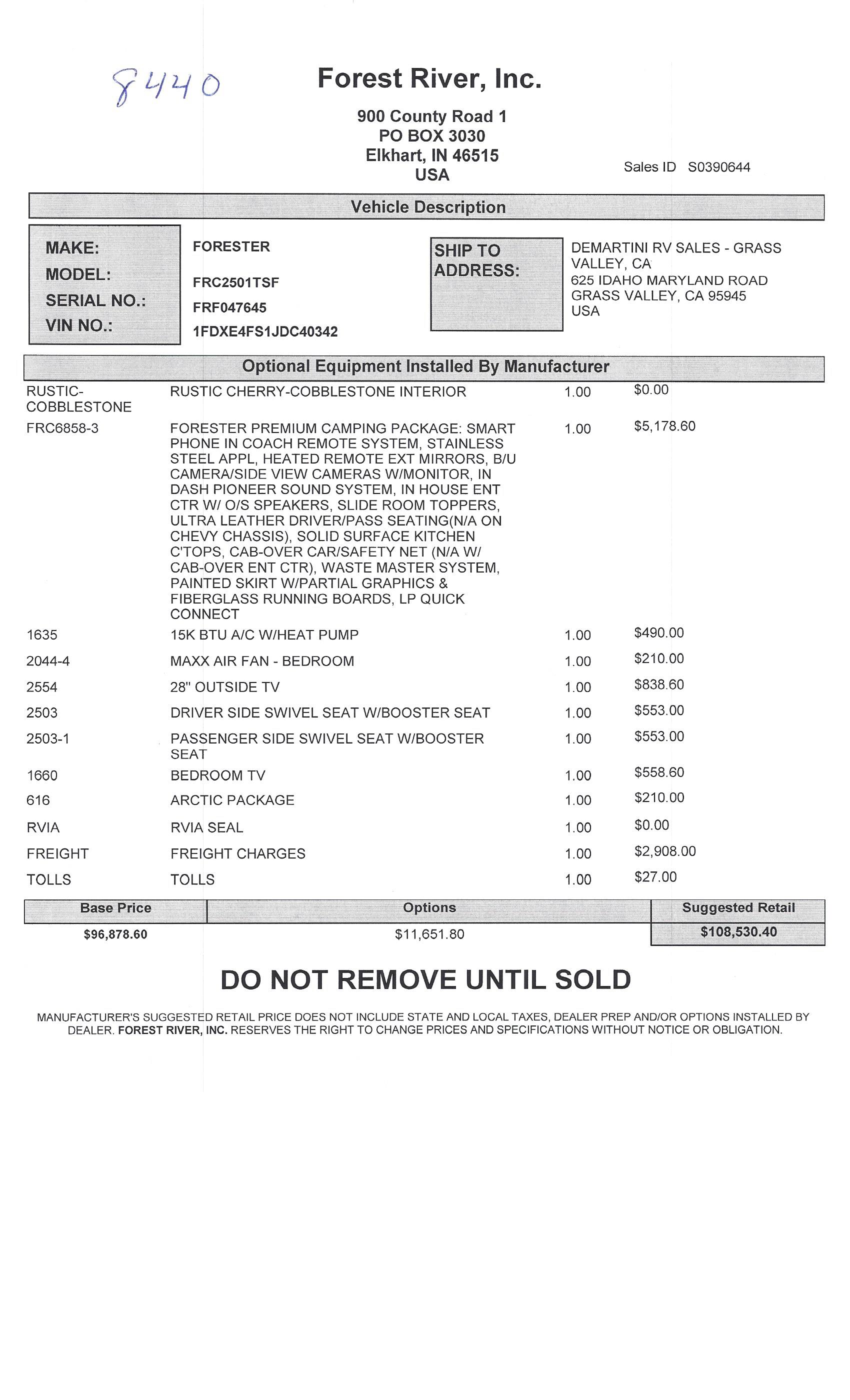 2019 Forest River Forester 2501TS MSRP Sheet