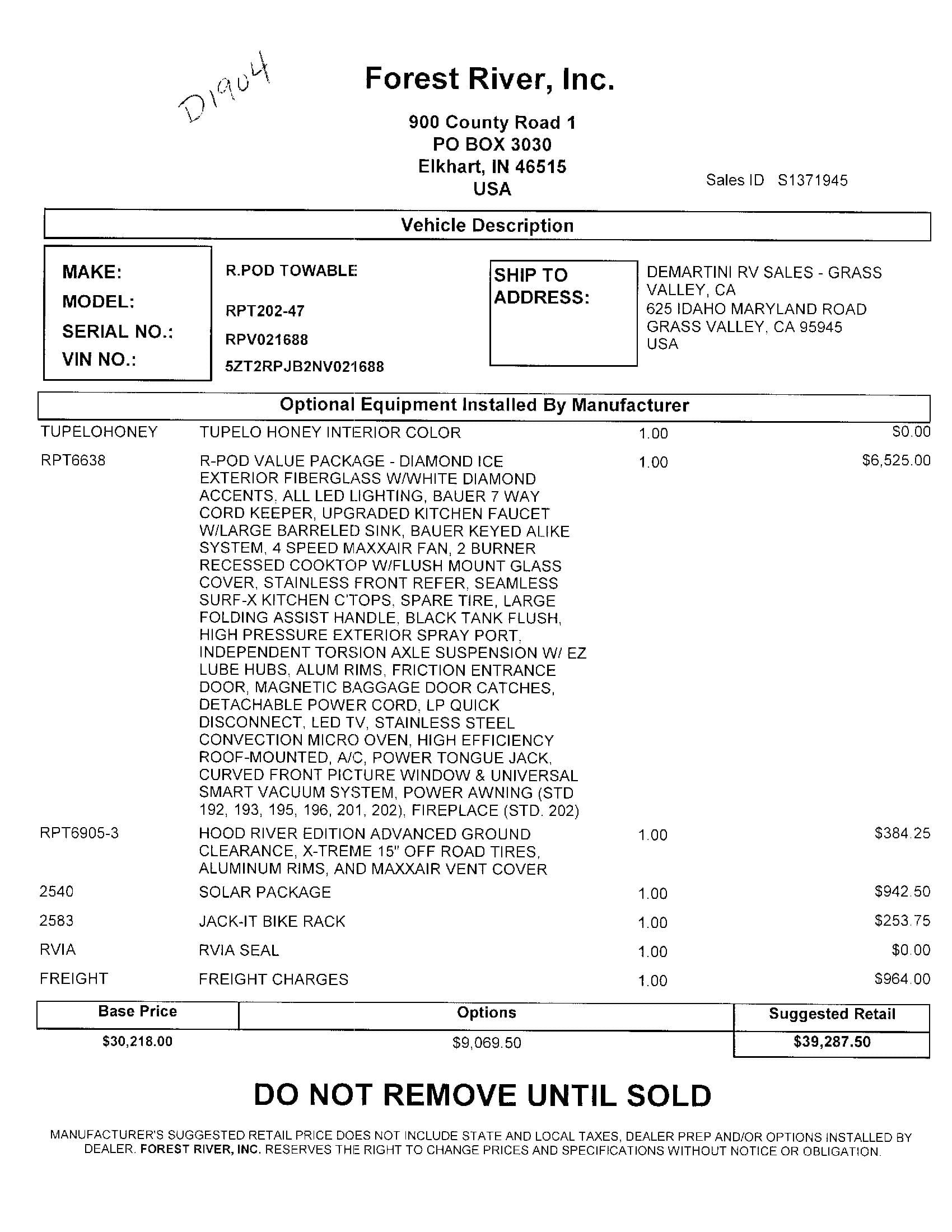 2022 Forest River R-Pod 202 MSRP Sheet