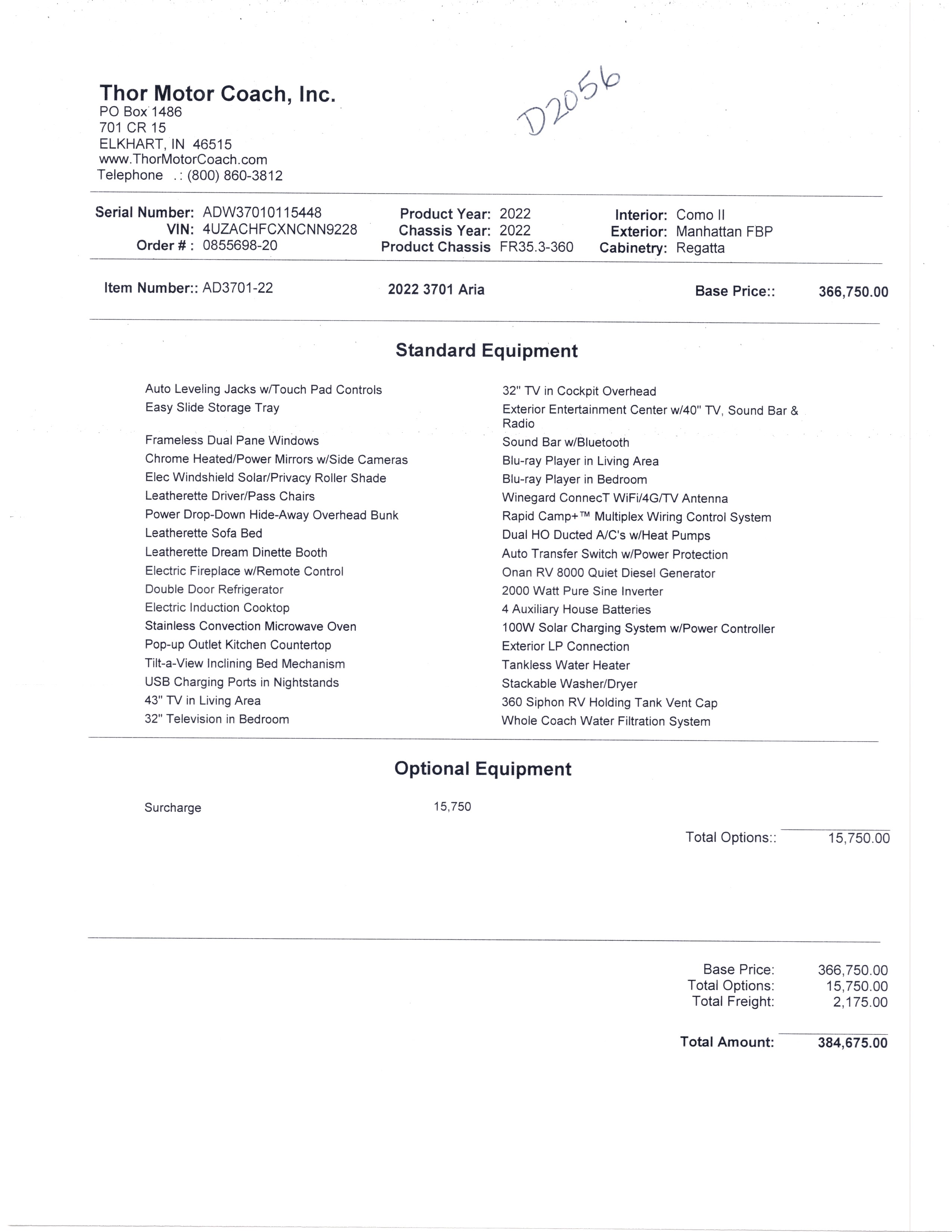 2022 Thor Aria 3701 MSRP Sheet