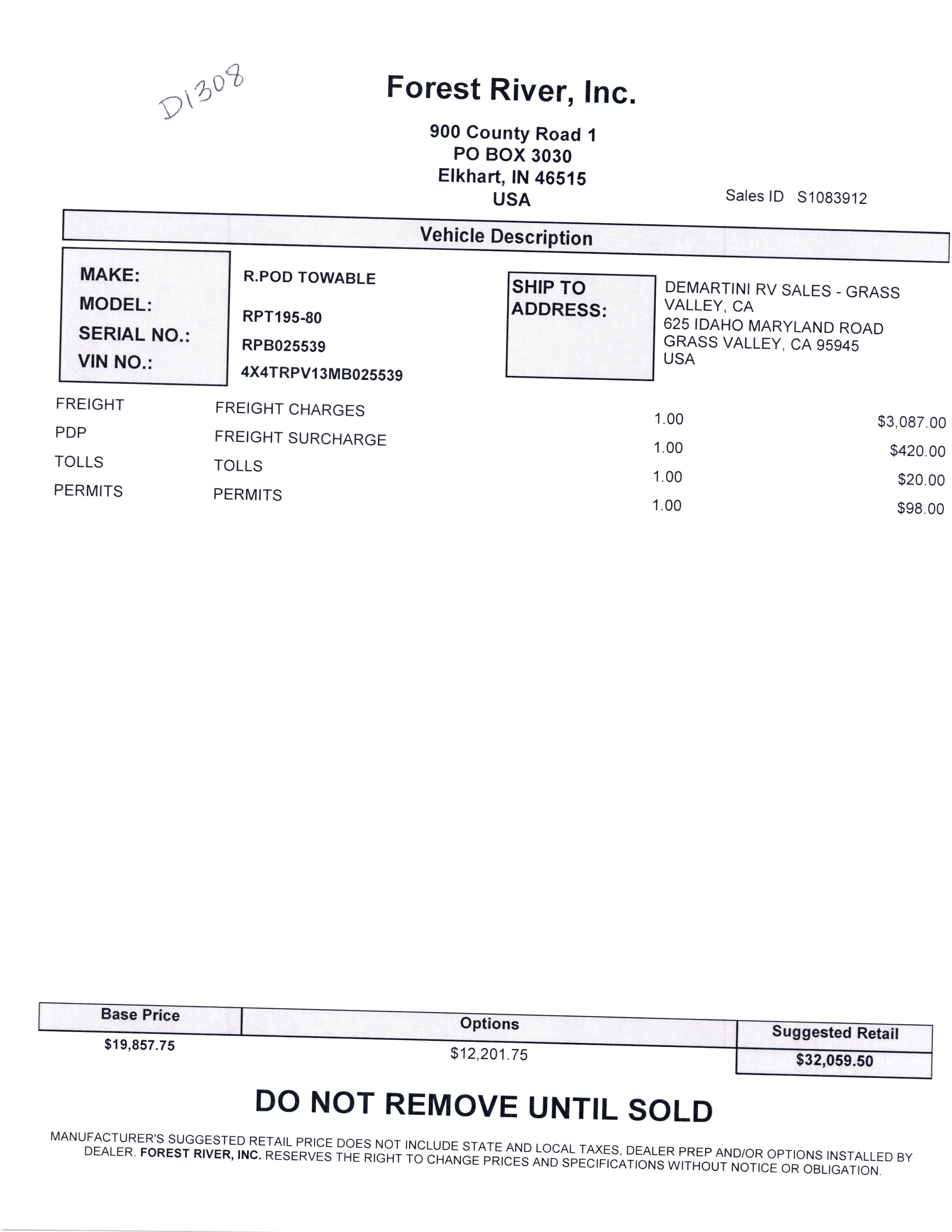 2021 Forest River R-Pod 195 MSRP Sheet