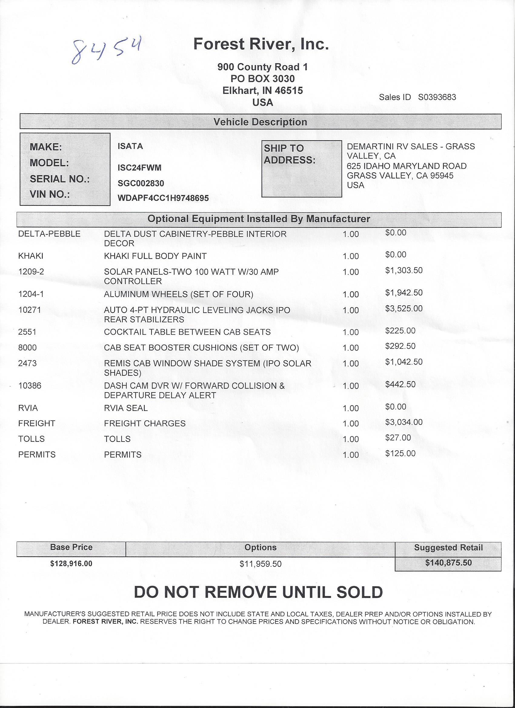 2019 Dynamax Isata 3 24FW MSRP Sheet