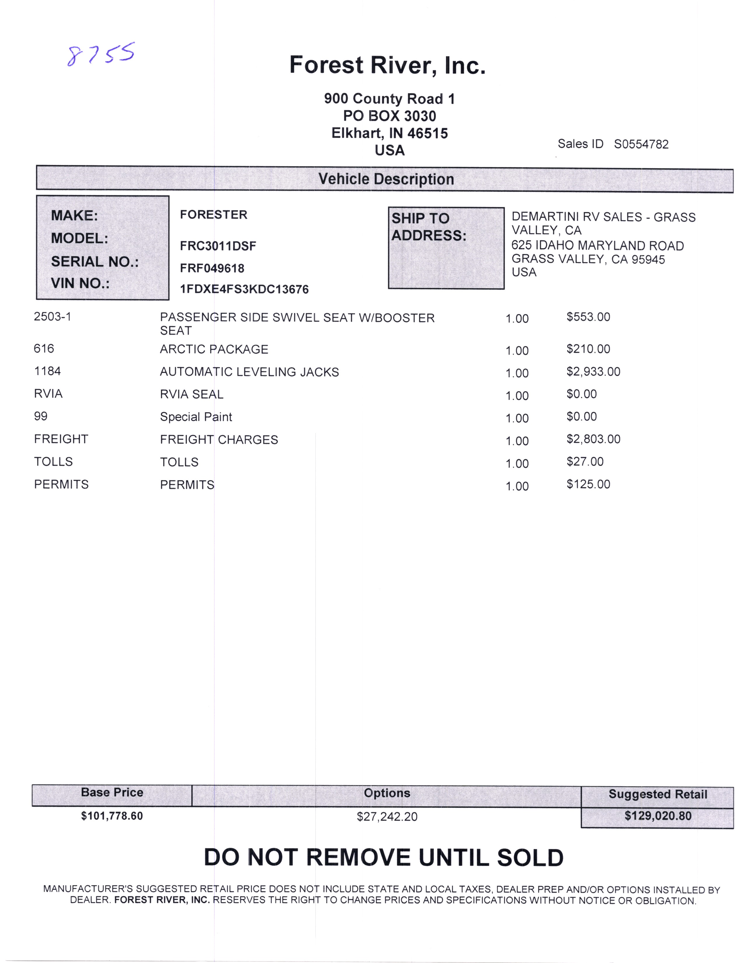 2020 Forest River Forester 3011DS MSRP Sheet