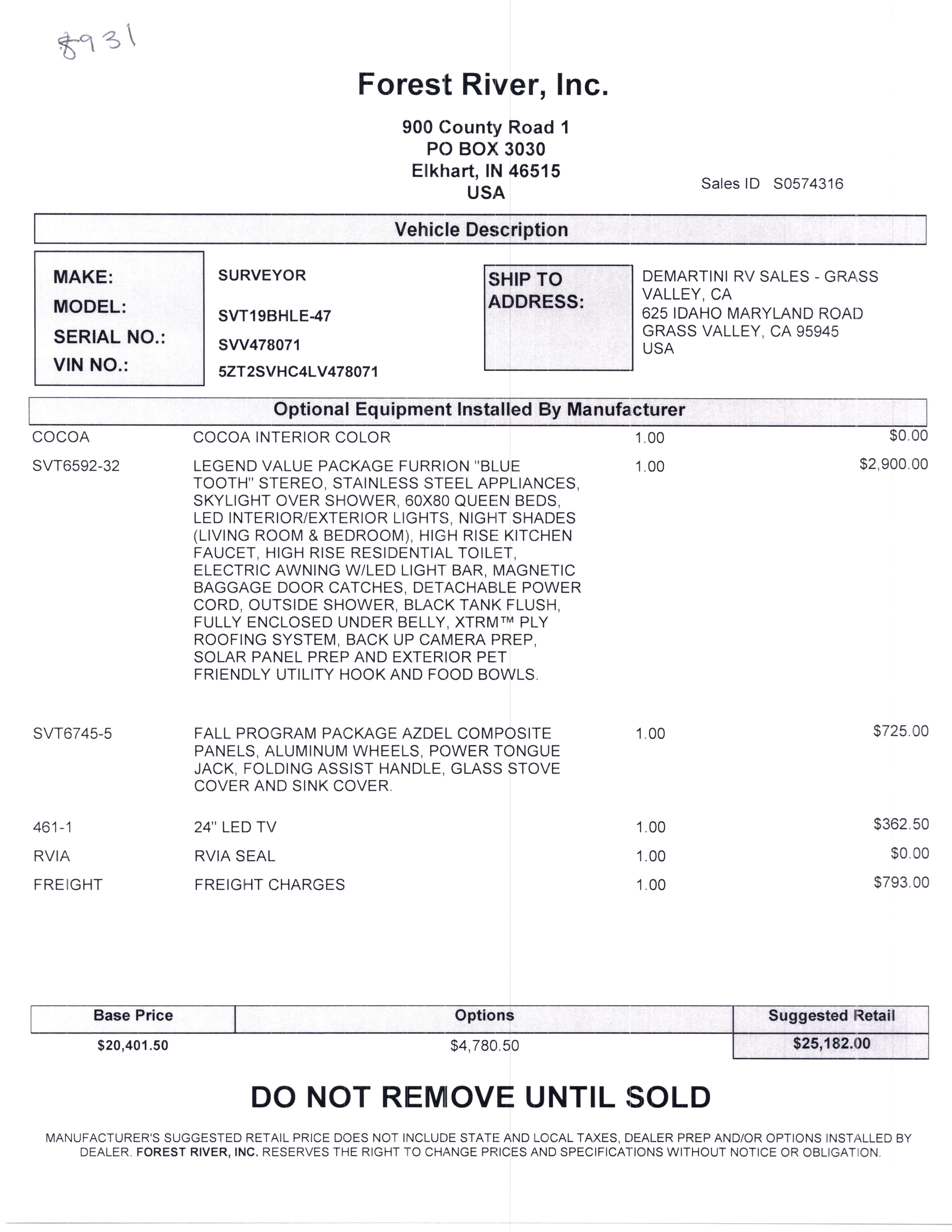 2020 Forest River Surveyor Legend 19BHLE MSRP Sheet