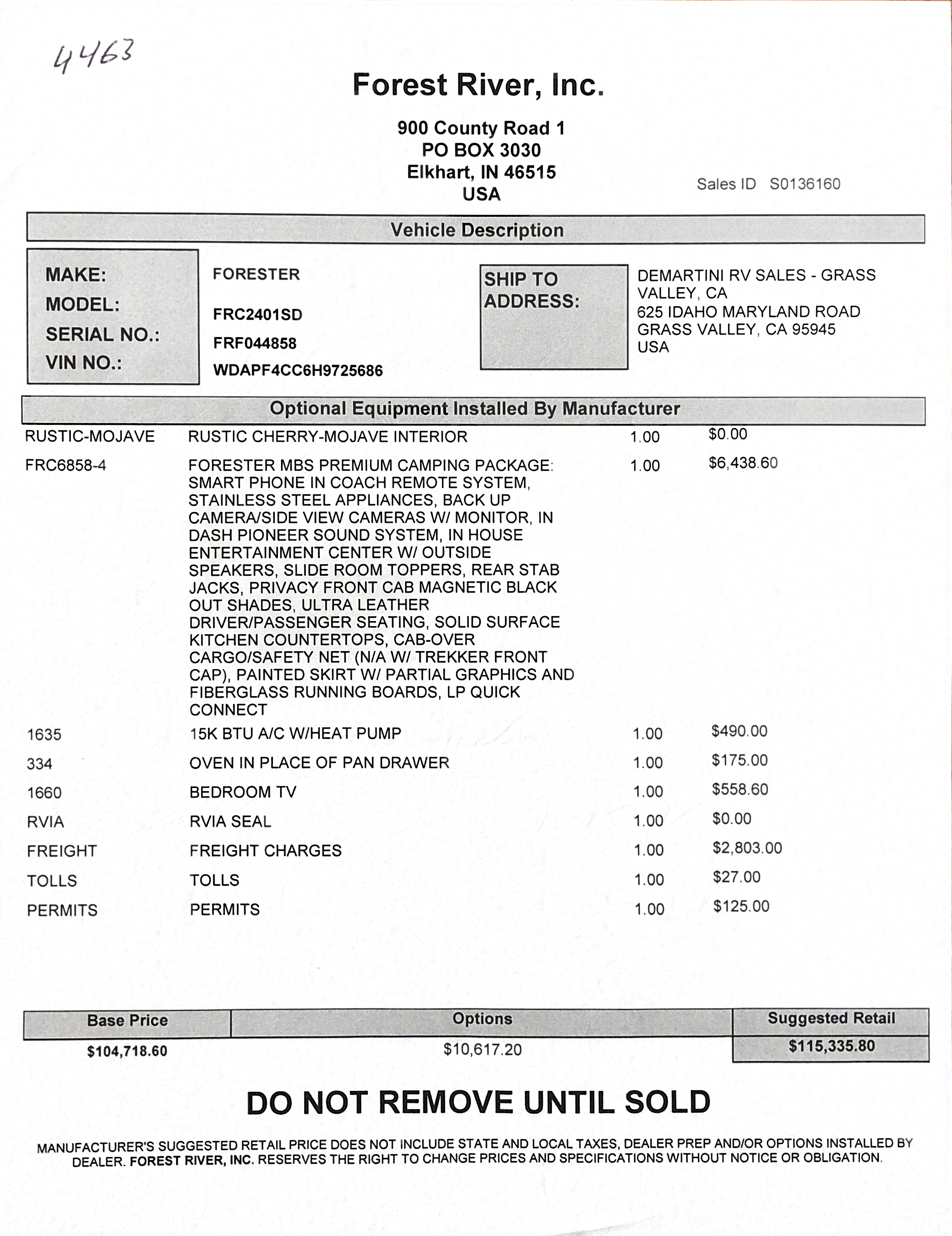 2018 Forest River Forester MBS 2401S MSRP Sheet