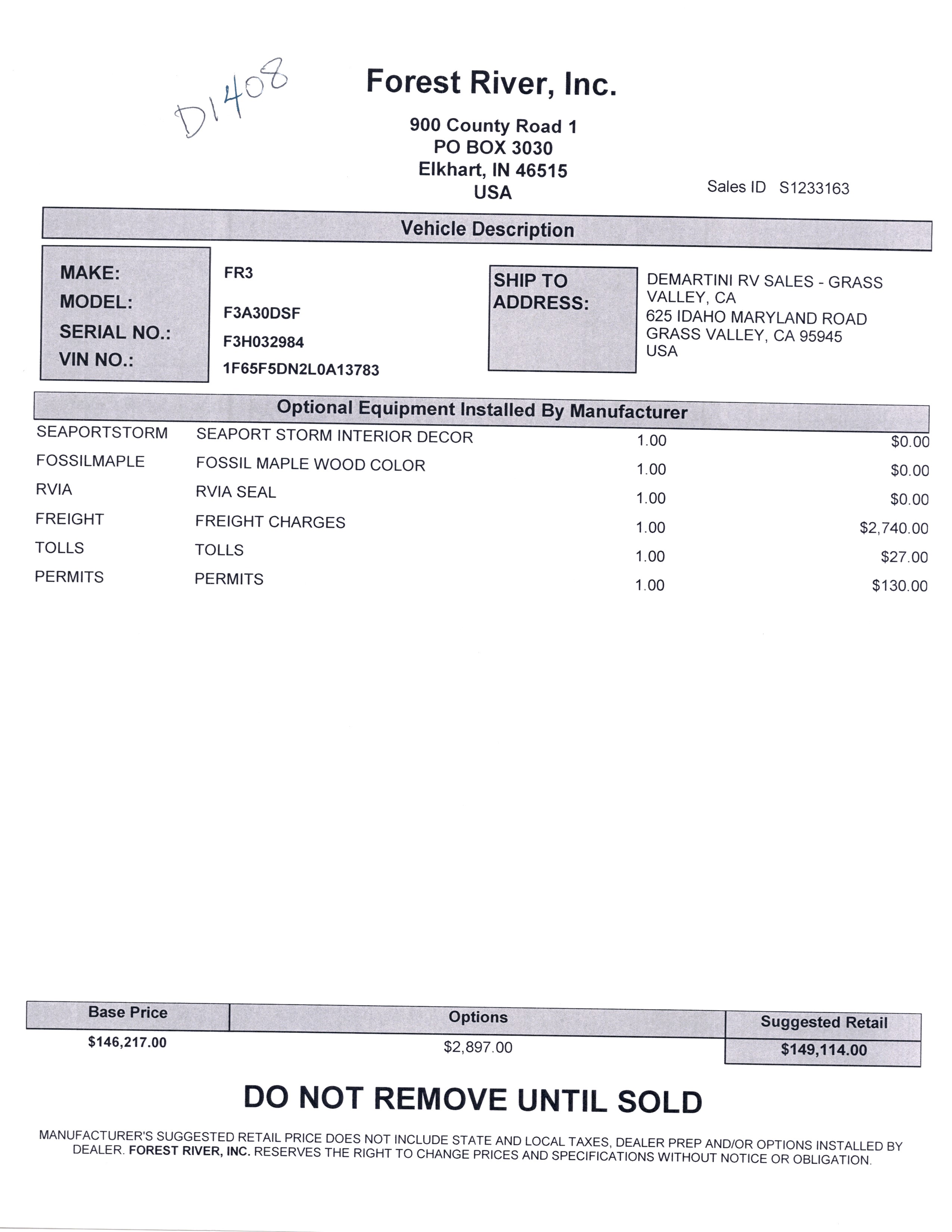 2021 Forest River FR3 30DS MSRP Sheet