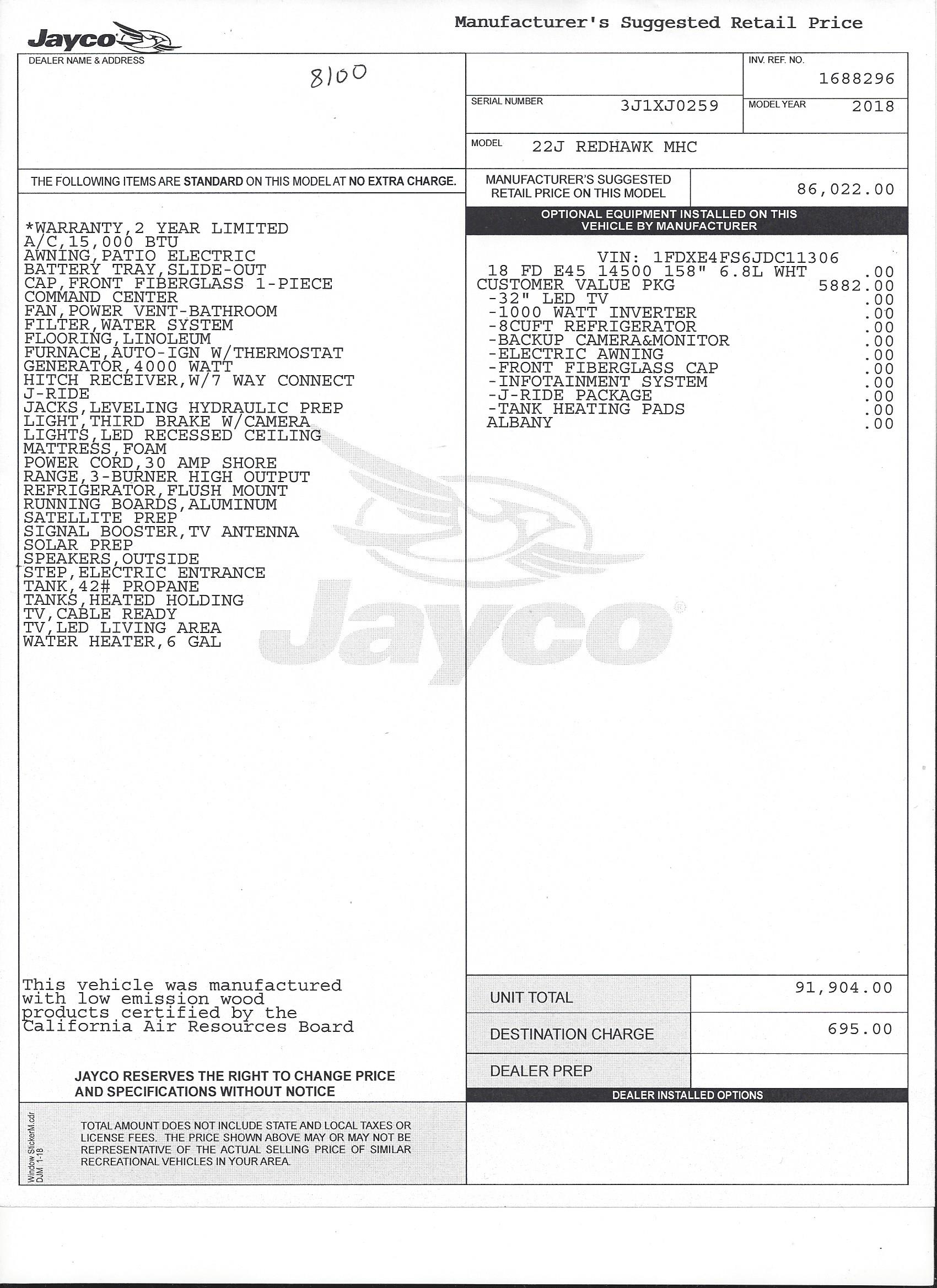 2018 Jayco Redhawk 22J MSRP Sheet