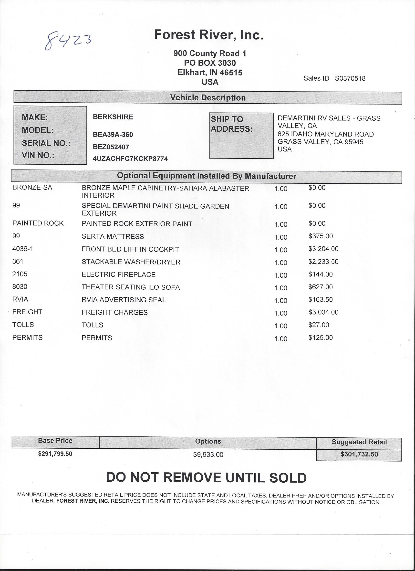 2019 Forest River Berkshire 39A MSRP Sheet