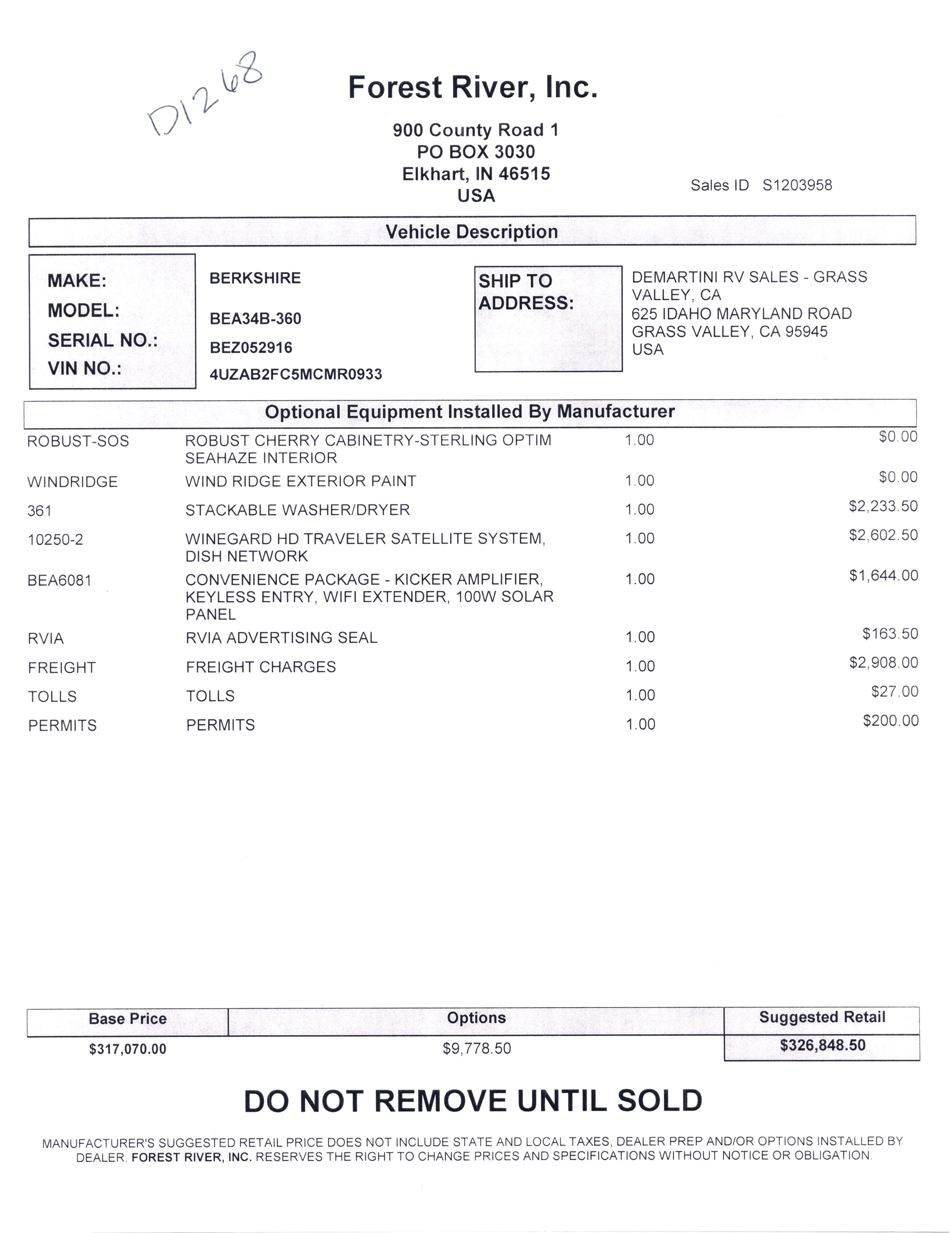 2021 Forest River Berkshire 34B MSRP Sheet