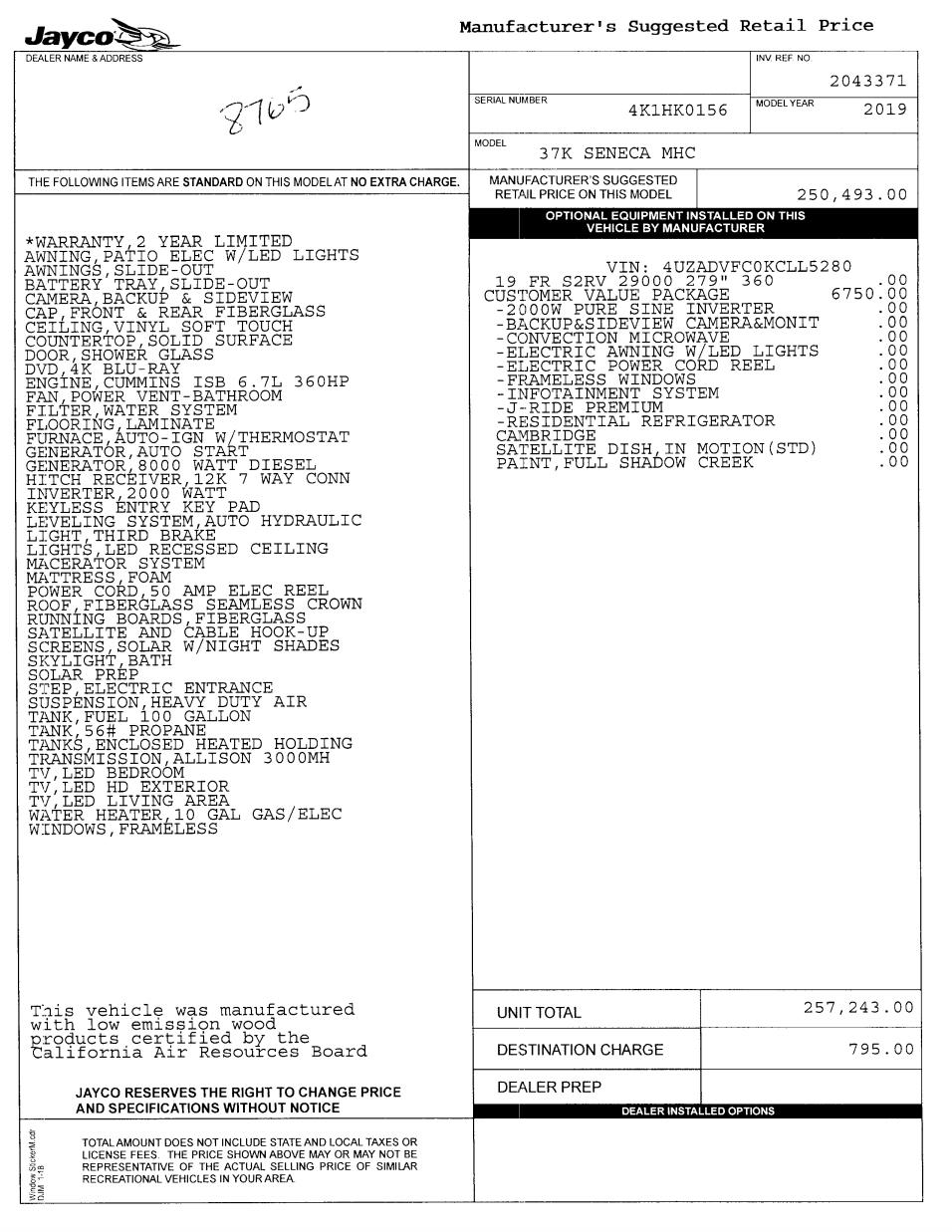 2019 Jayco Seneca 37K MSRP Sheet