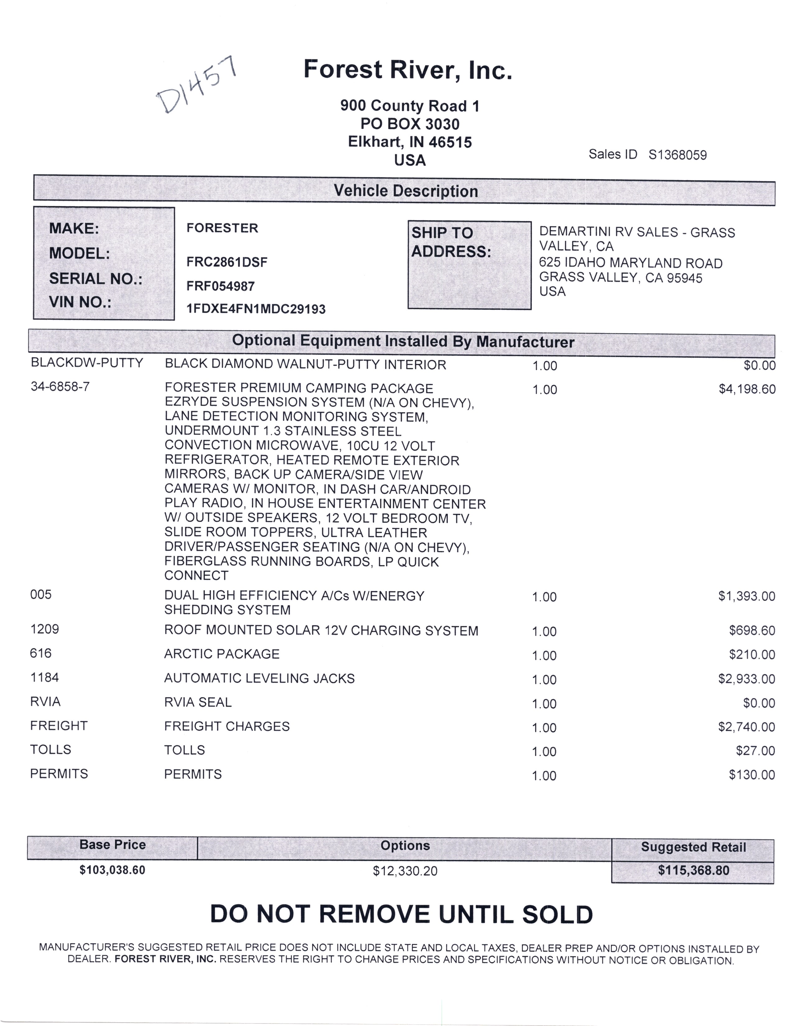 2021 Forest River Forester Classic 2861DS MSRP Sheet