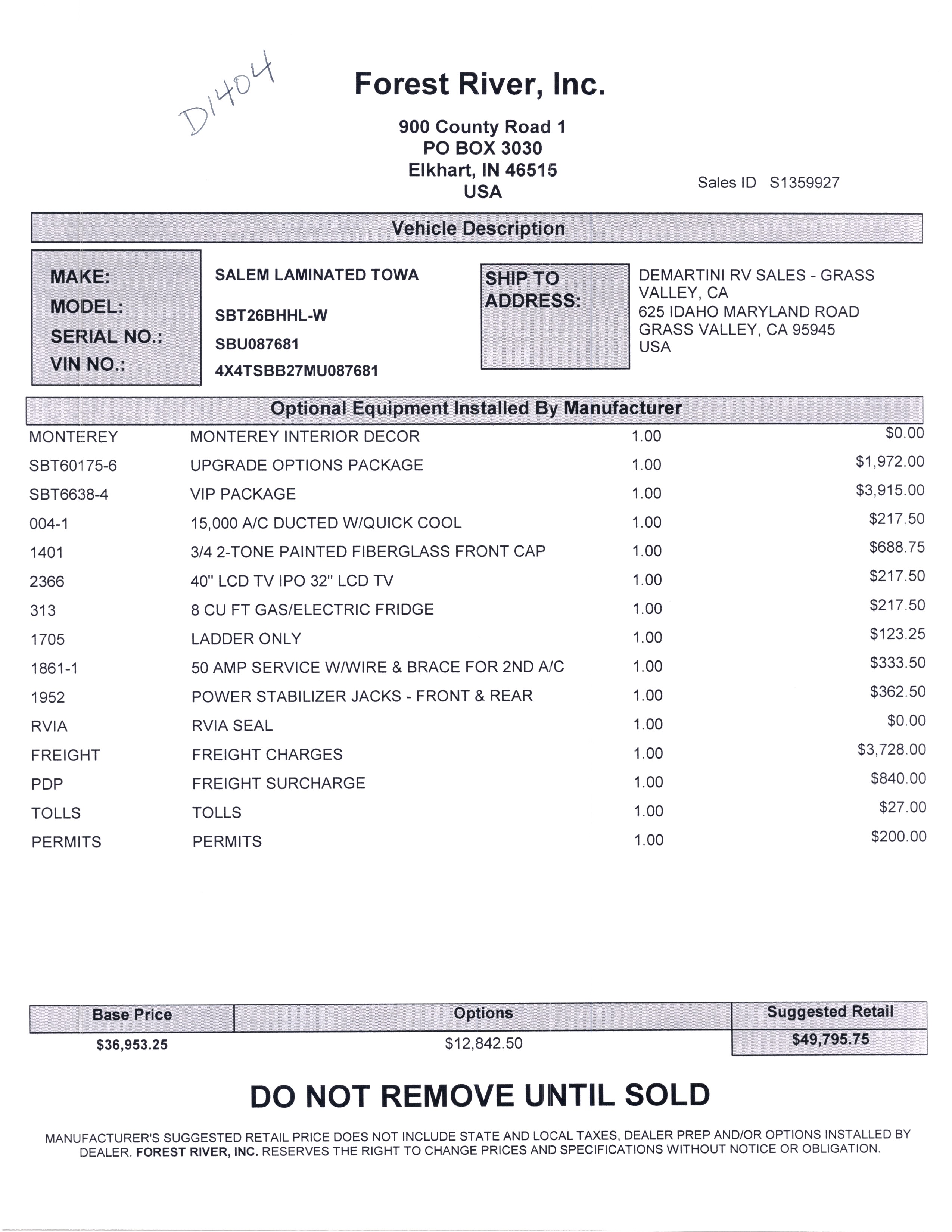 2021 Forest River Salem Hemisphere Hyper-Lyte 26BHHL MSRP Sheet