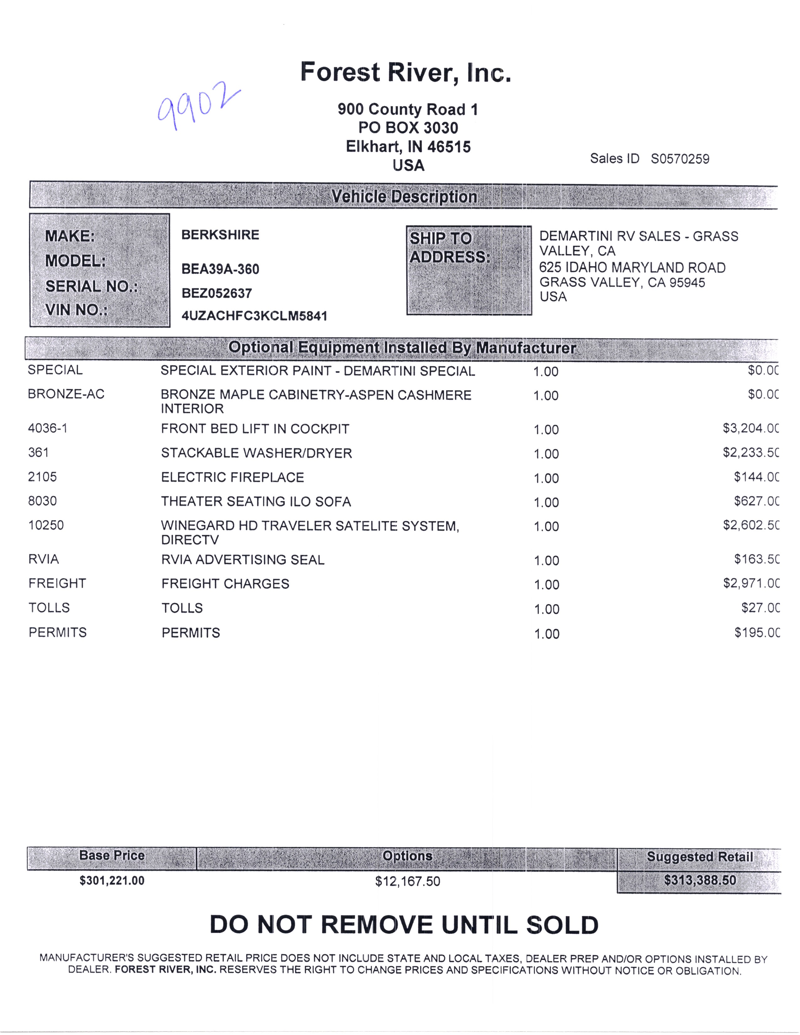 2020 Forest River Berkshire 39A MSRP Sheet