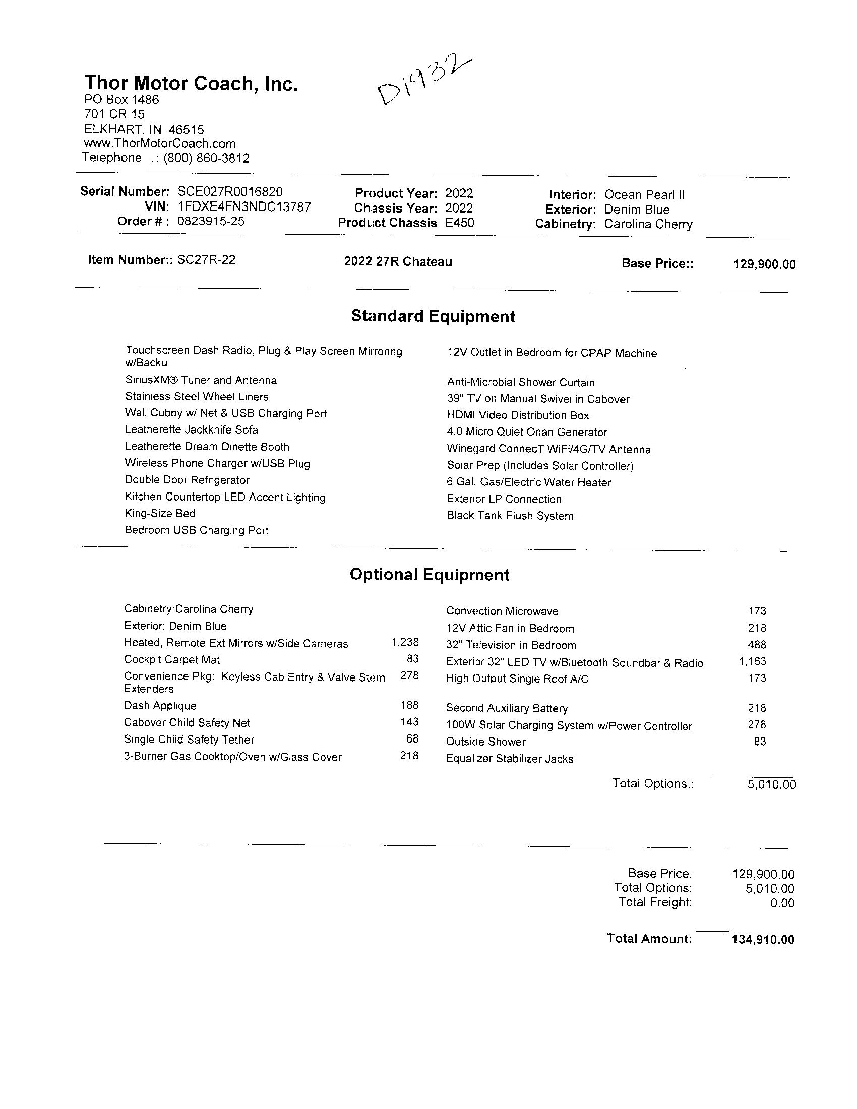 2022 Thor Chateau 27R MSRP Sheet