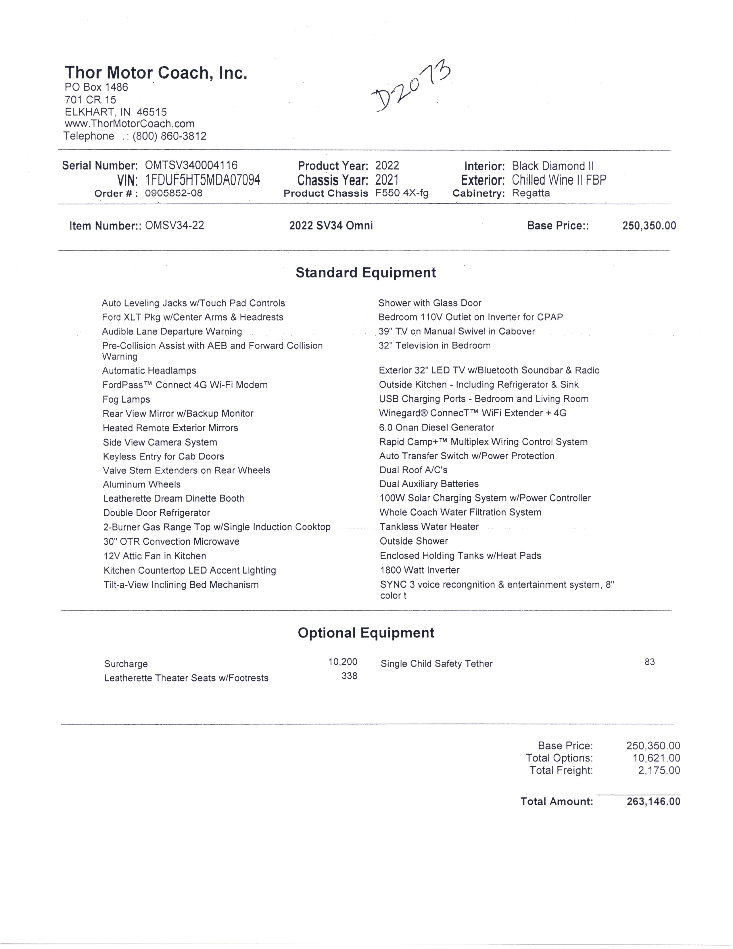 2022 Thor Omni 4x4 SV34 MSRP Sheet