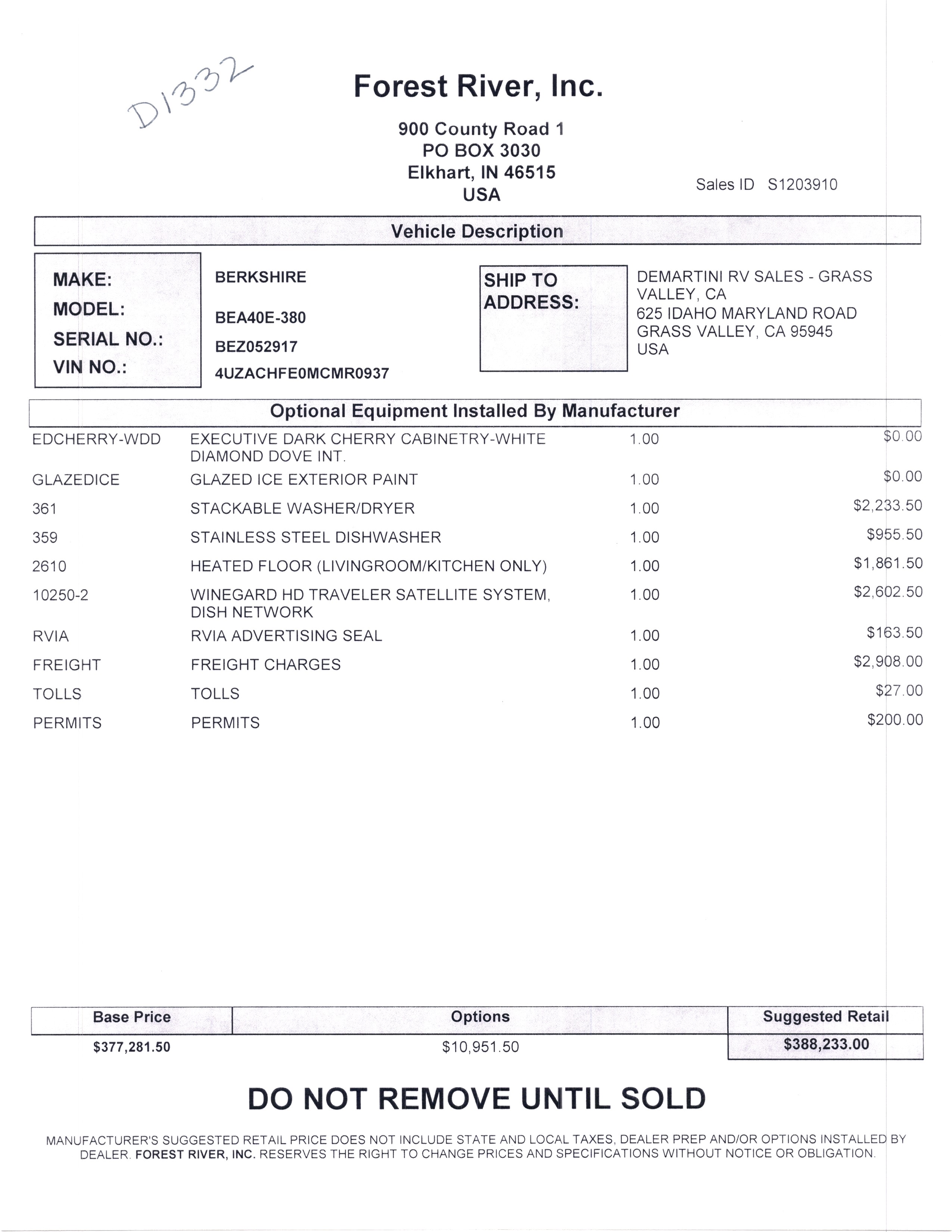 2021 Forest River Berkshire XL 40E MSRP Sheet