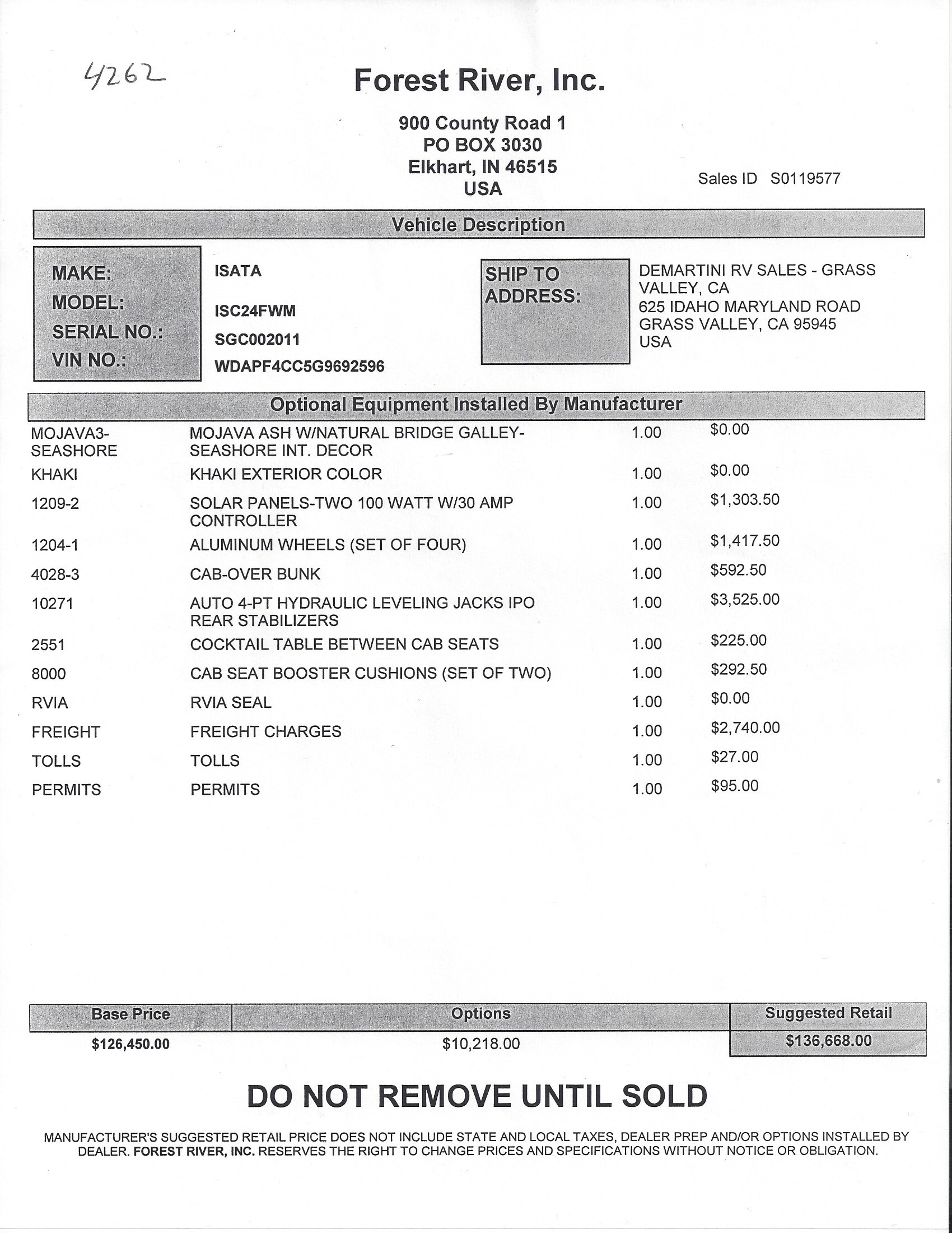 2018 Dynamax Isata 3 24FW MSRP Sheet