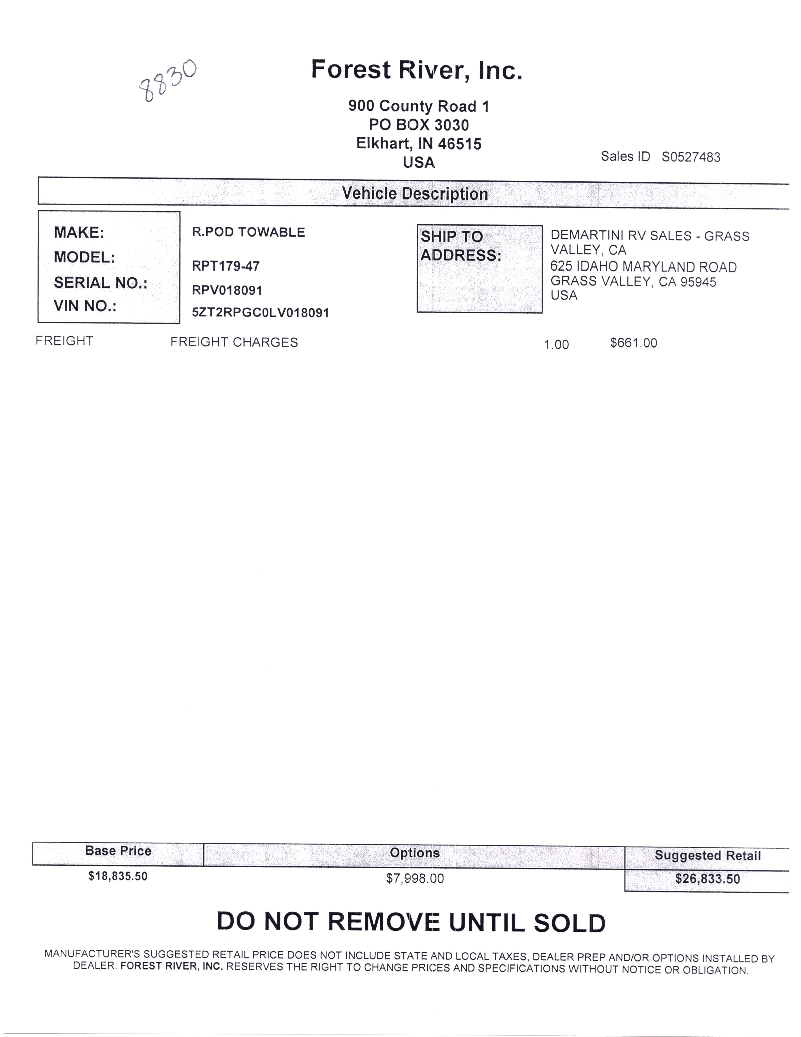 2020 Forest River R-Pod 179 MSRP Sheet