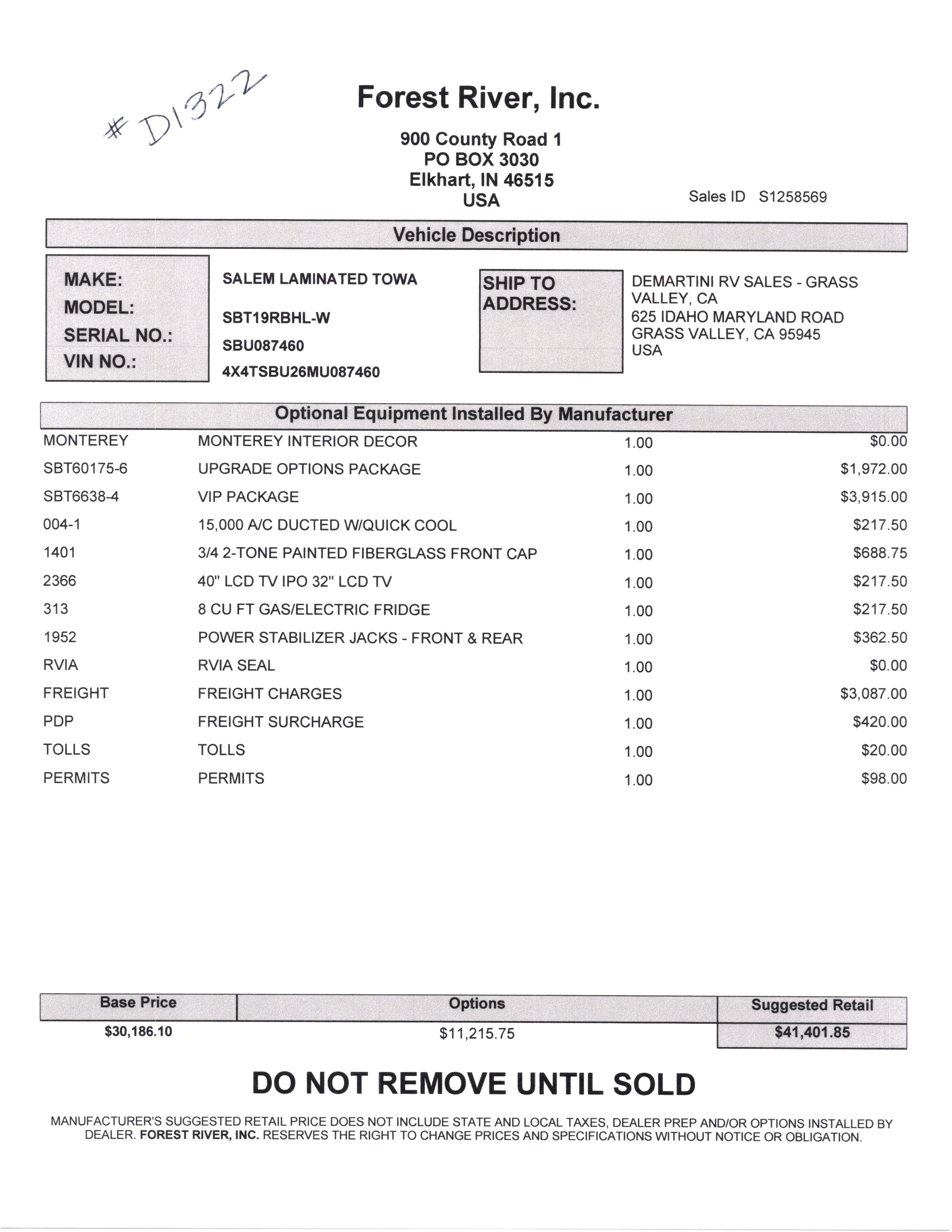 2021 Forest River Salem Hemisphere Hyper-Lyte 19RBHL MSRP Sheet