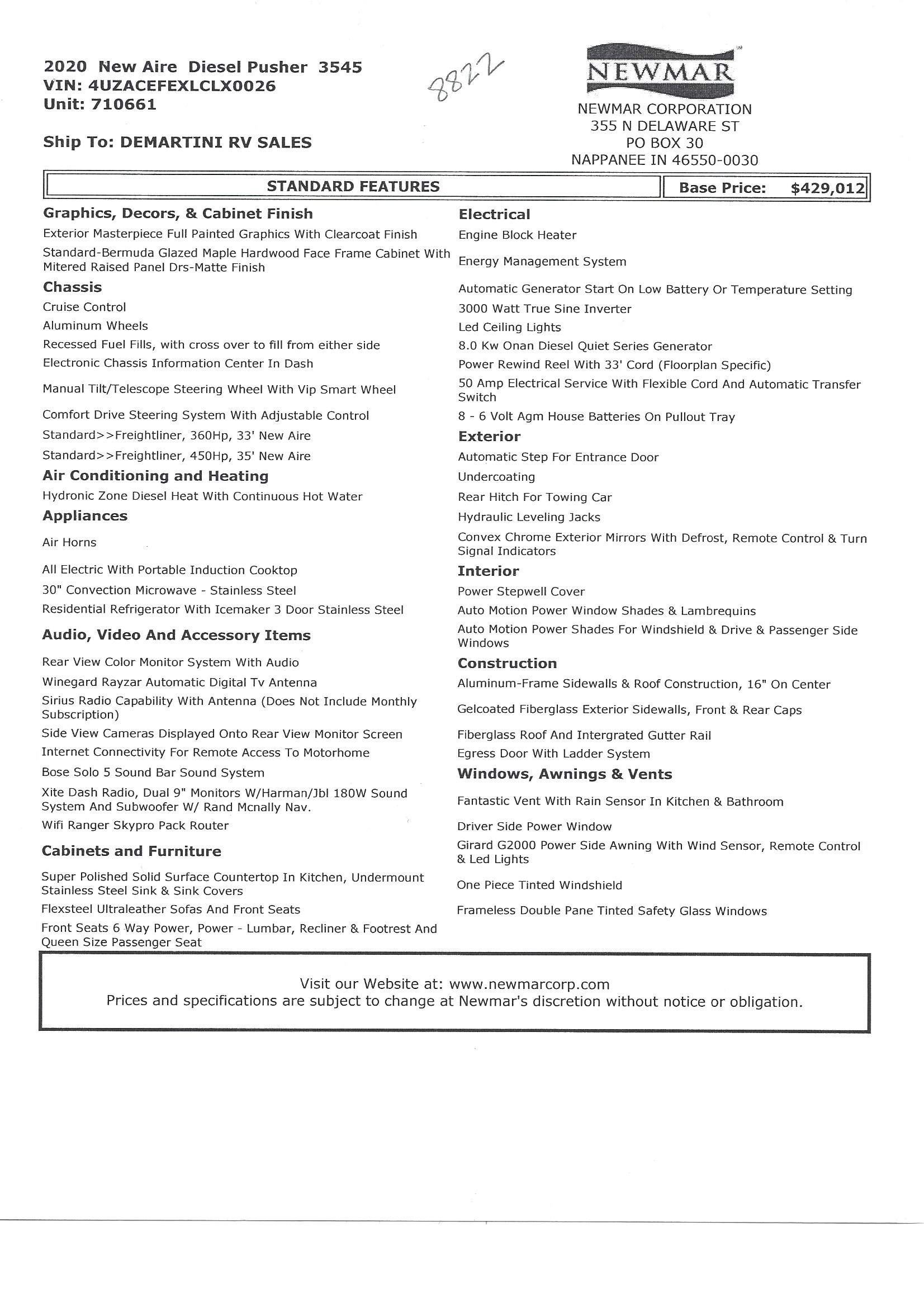 2020 Newmar New Aire 3545 MSRP Sheet