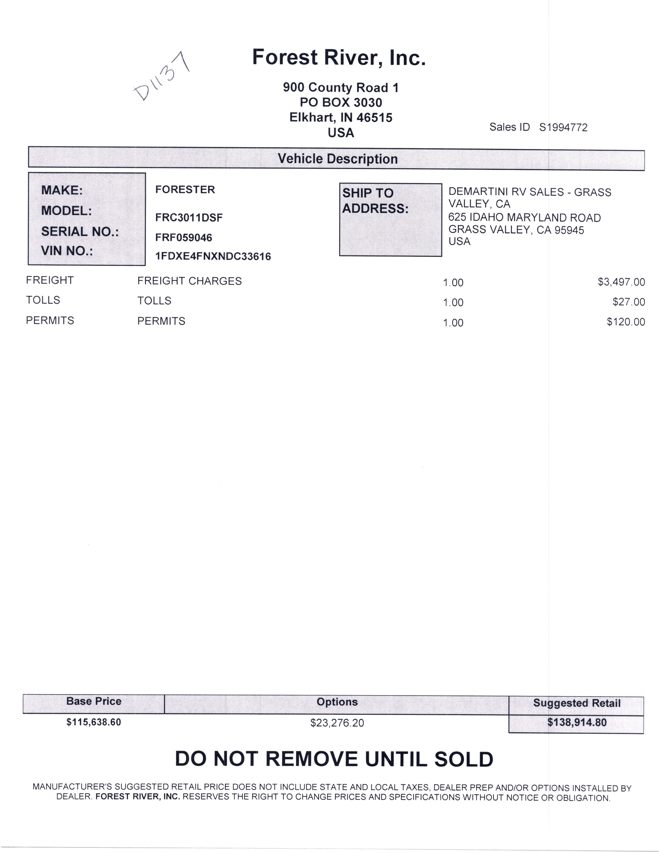 2022 Forest River Forester Classic 3011DS MSRP Sheet