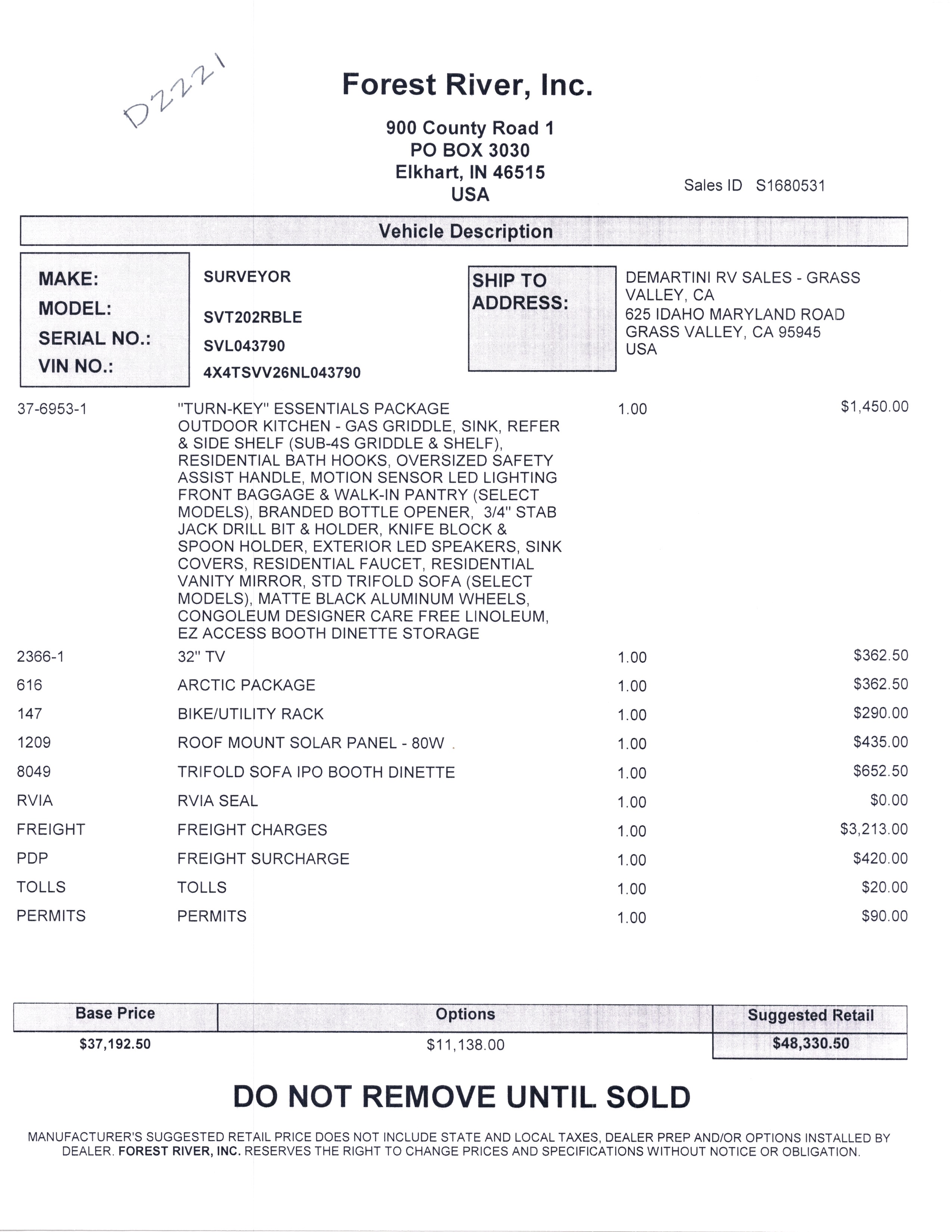 2022 Forest River Surveyor Legend 202RBLE MSRP Sheet