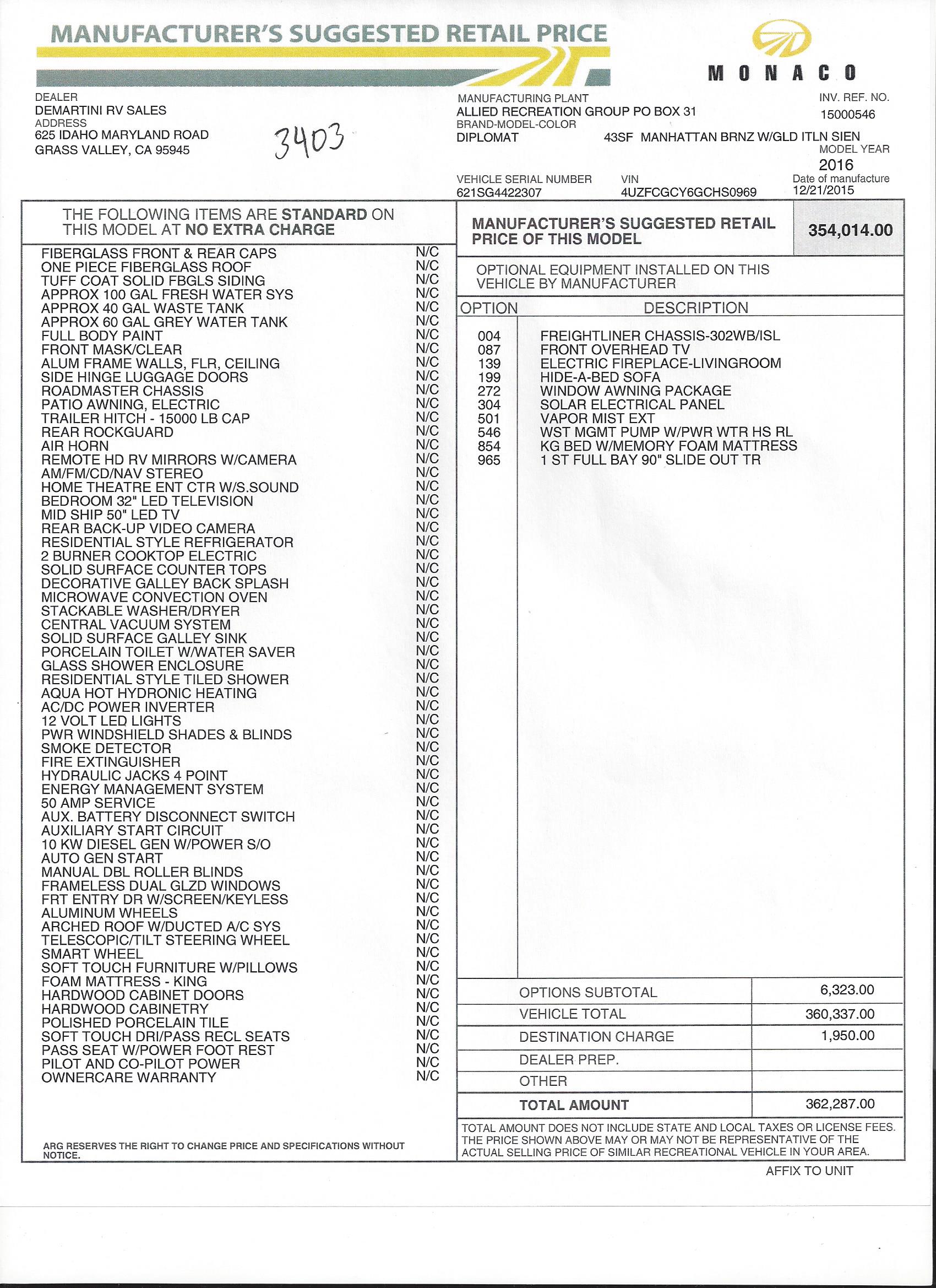 2016 Monaco Diplomat 43SF MSRP Sheet