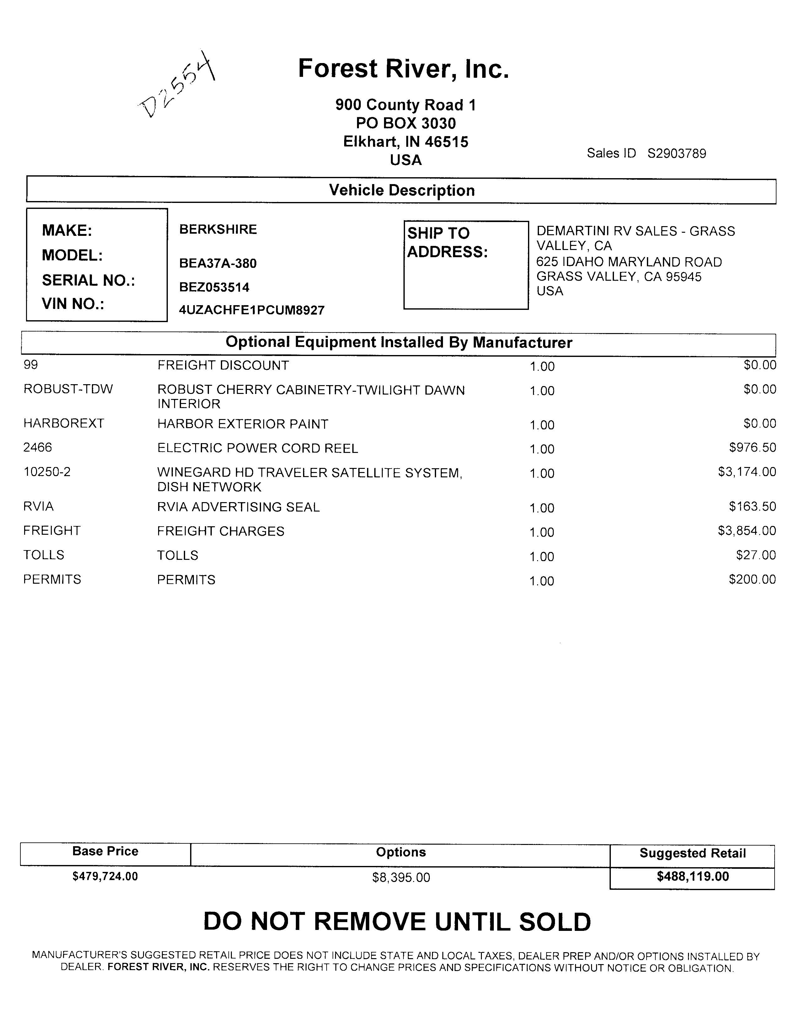 2023 Forest River Berkshire XL 37A MSRP Sheet