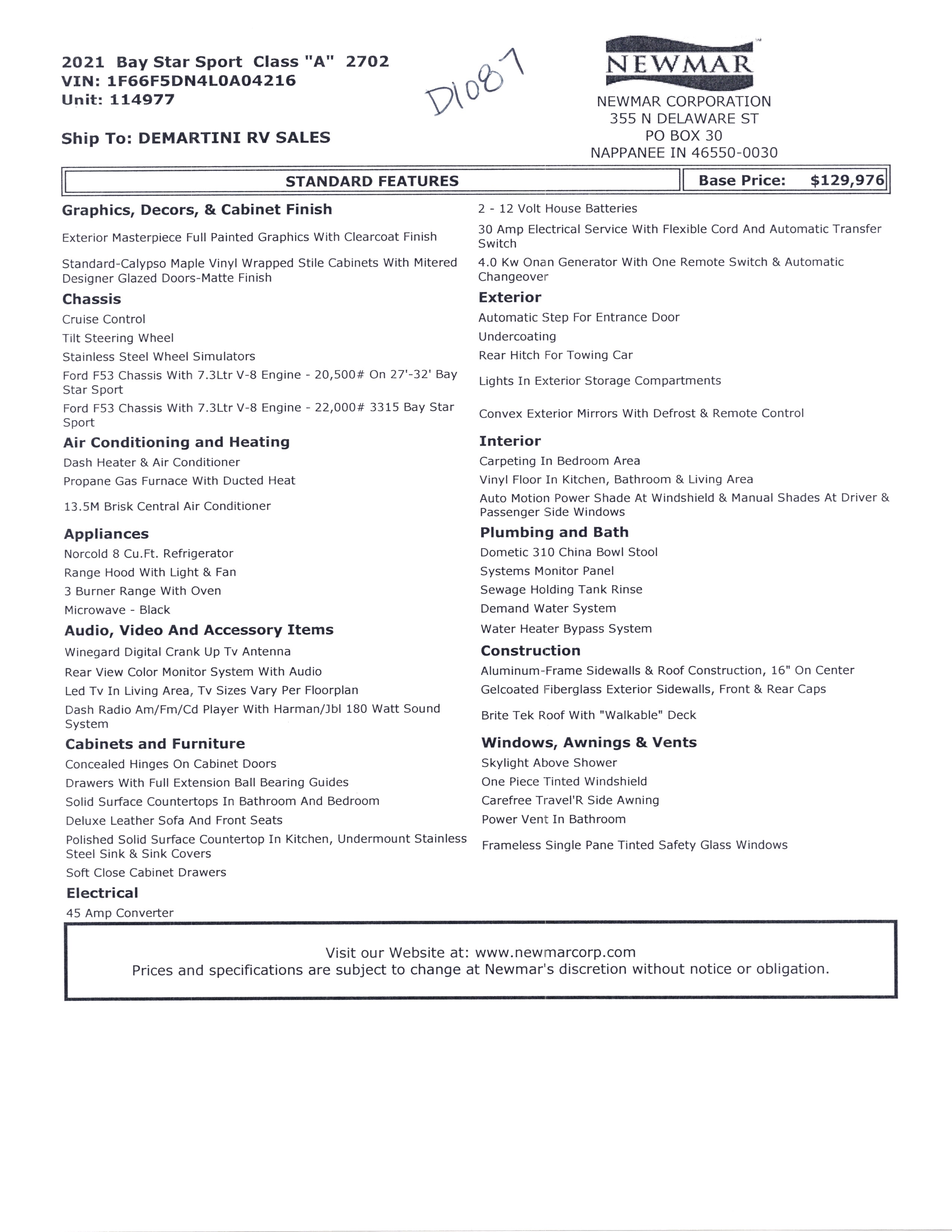 2021 Newmar Bay Star Sport 2702 MSRP Sheet