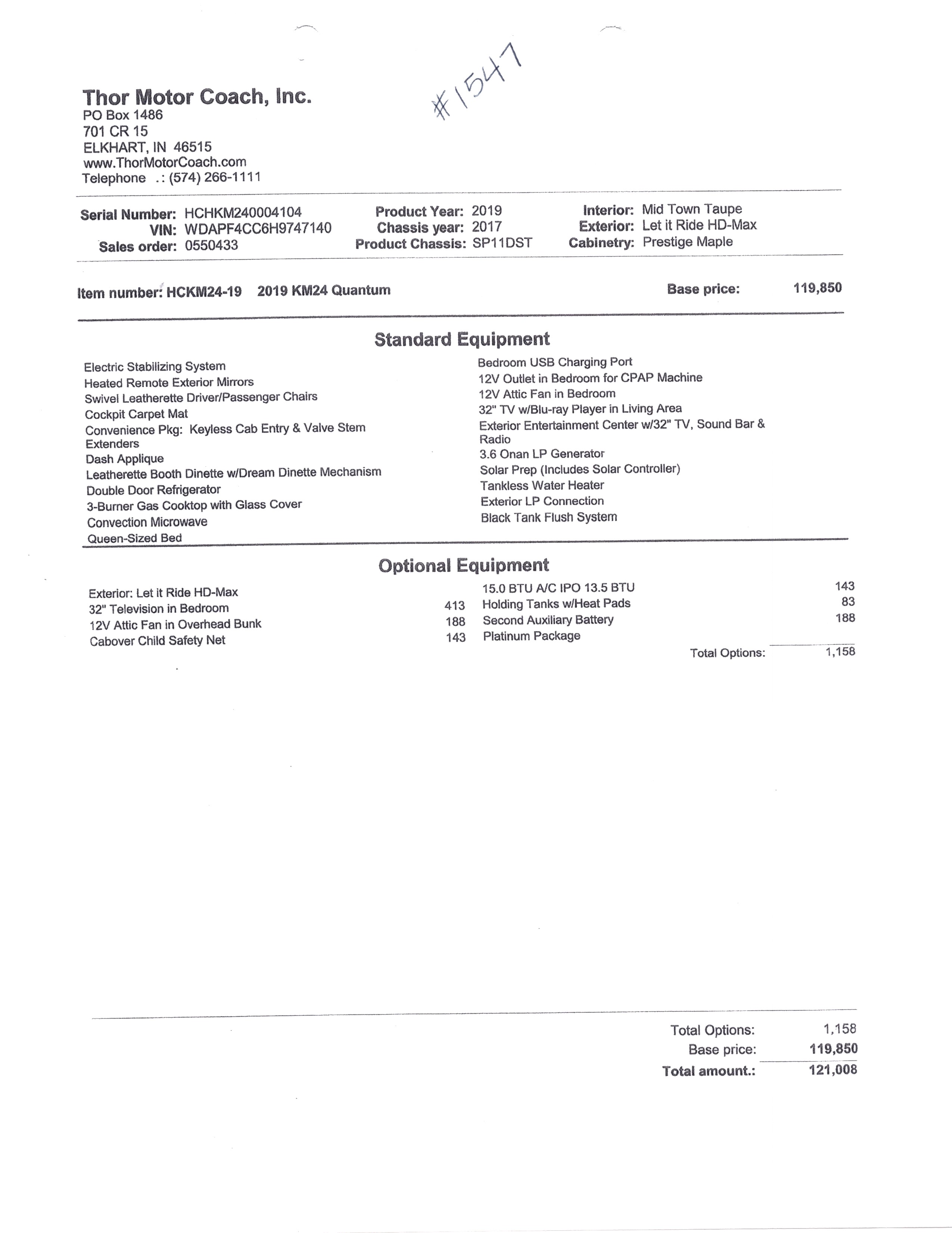 2019 Thor Quantum KM24 MSRP Sheet