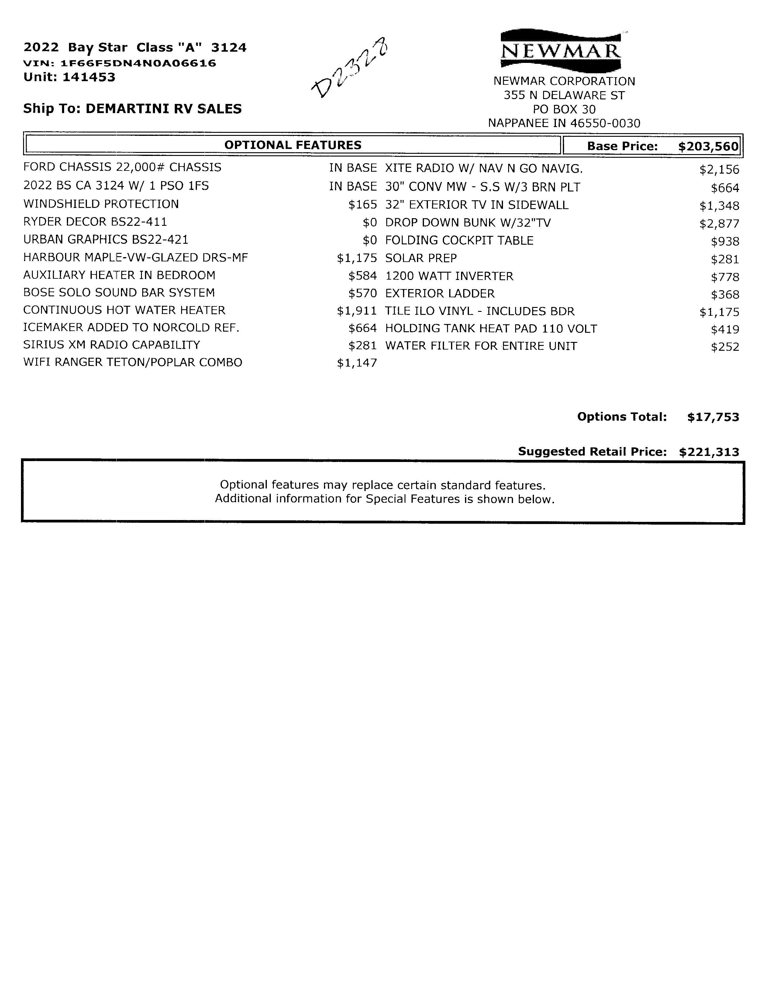 2022 Newmar Bay Star 3124 MSRP Sheet