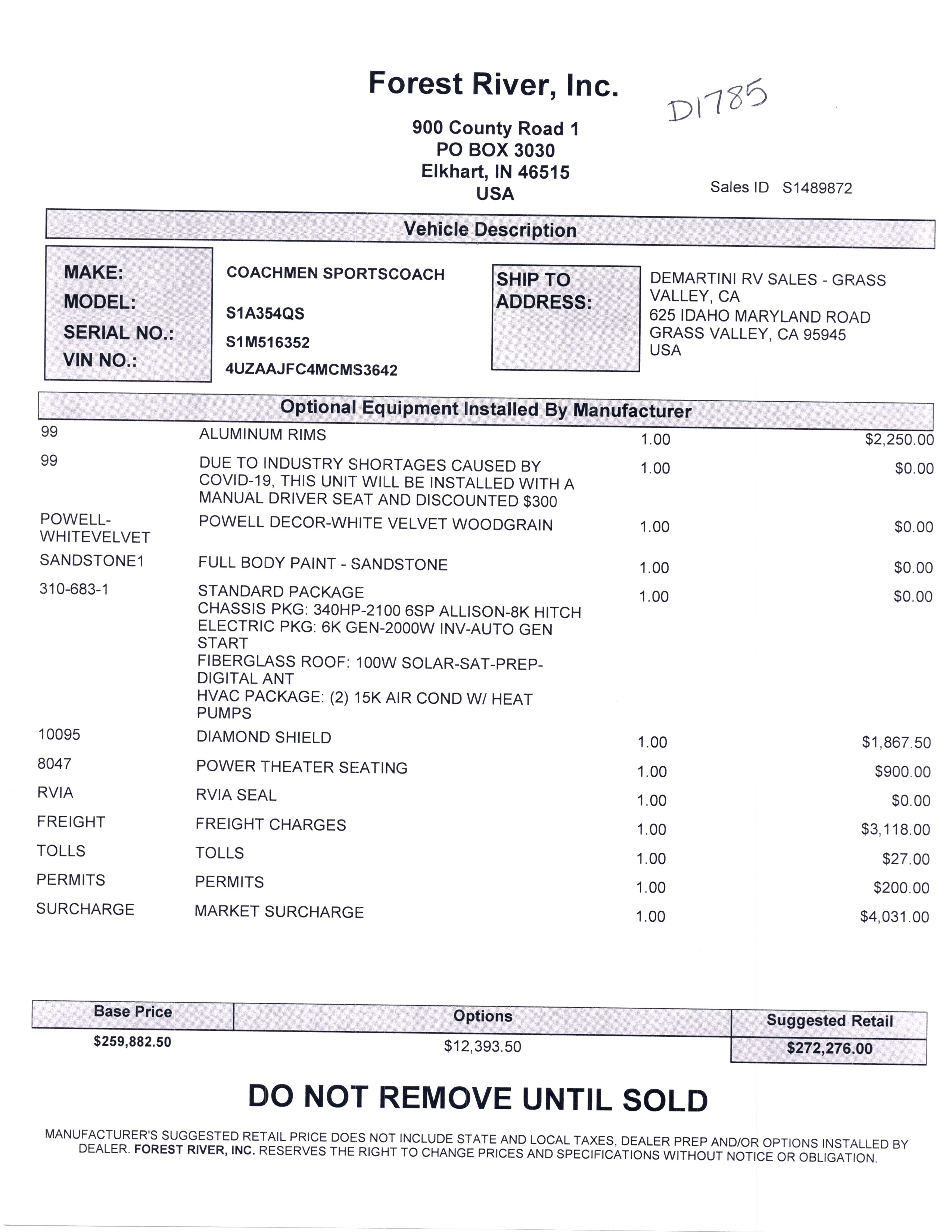 2021 Coachmen Sportscoach SRS 354QS MSRP Sheet