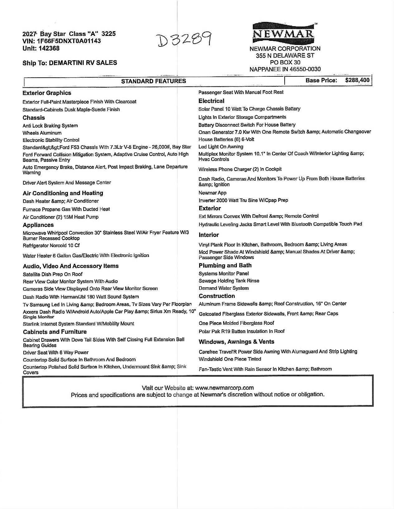 2027 Newmar Bay Star 3225 MSRP Sheet