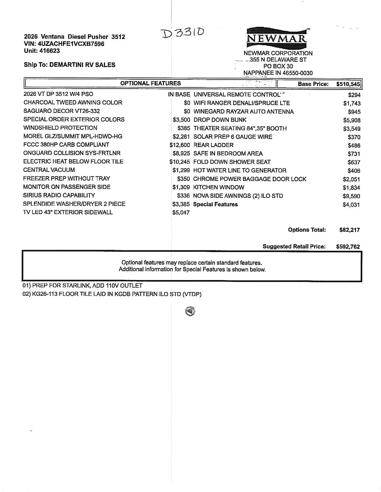 2026 Newmar Ventana 3512 MSRP Sheet