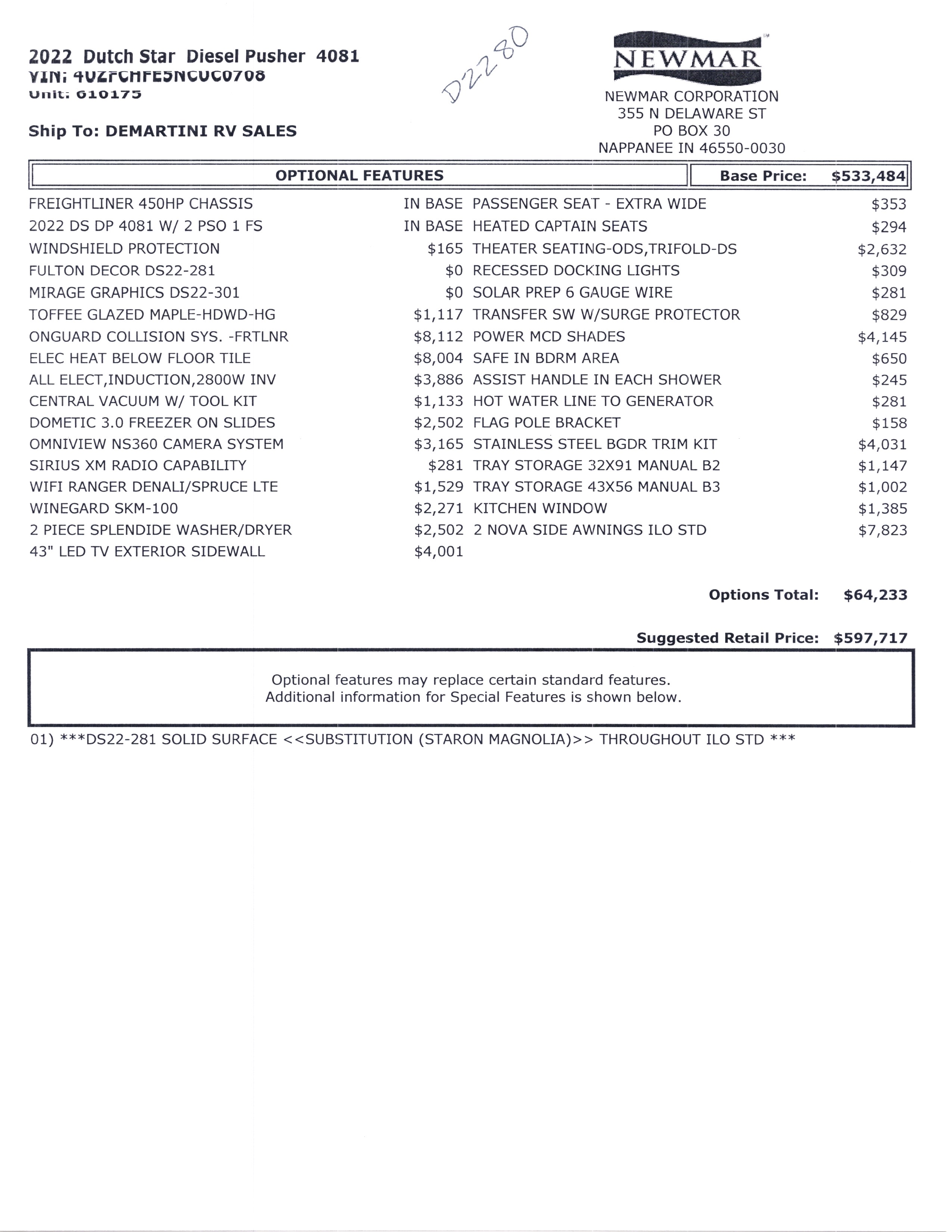 2022 Newmar Dutch Star 4081 MSRP Sheet