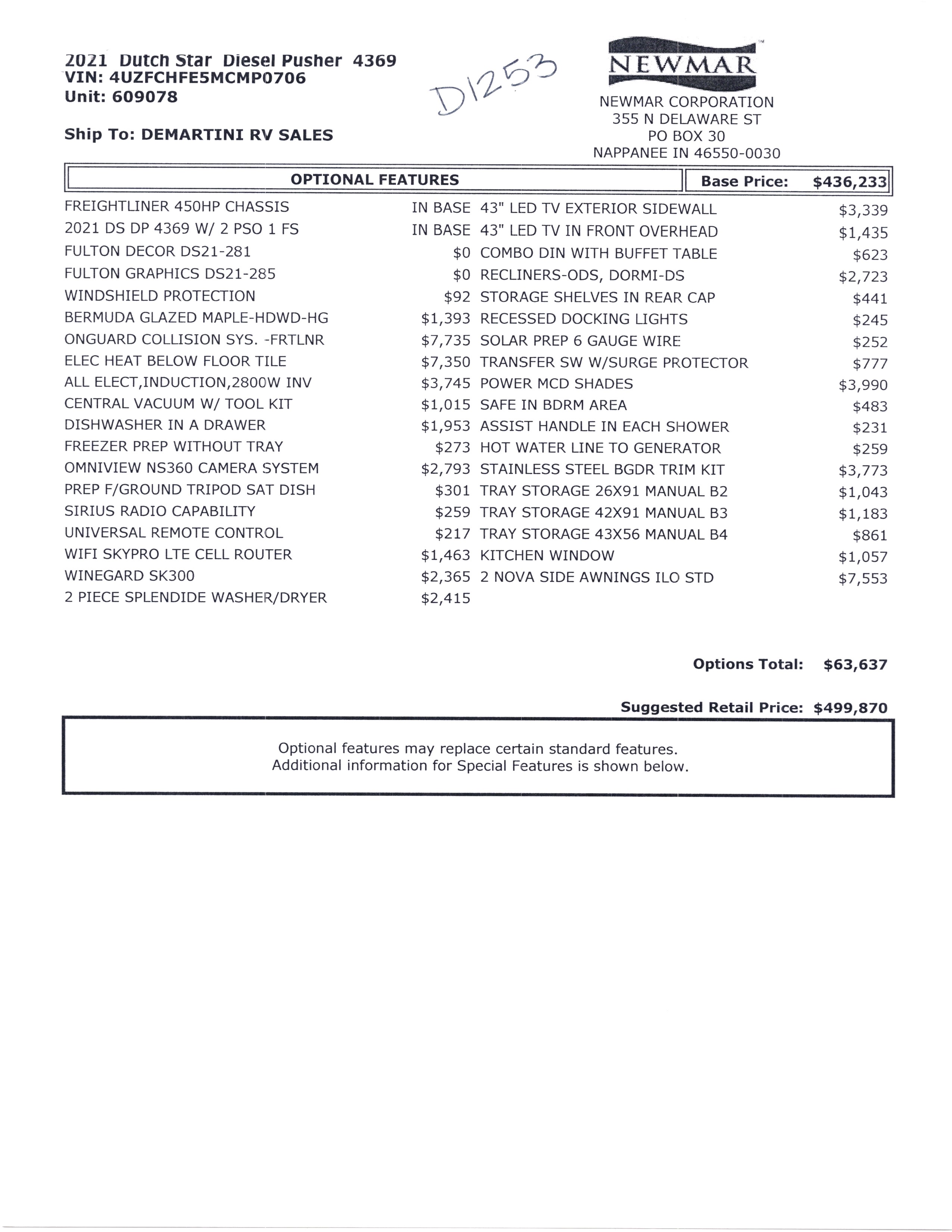 2021 Newmar Dutch Star 4369 MSRP Sheet