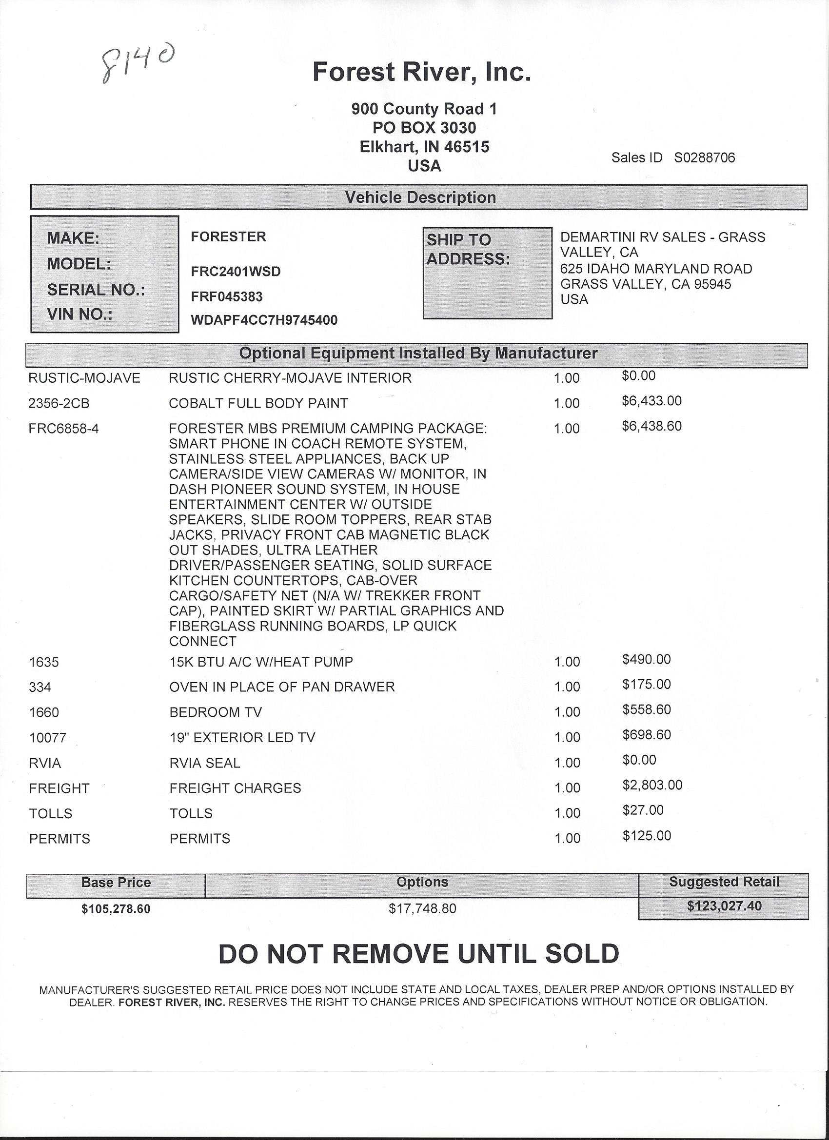 2018 Forest River Forester MBS 2401W MSRP Sheet