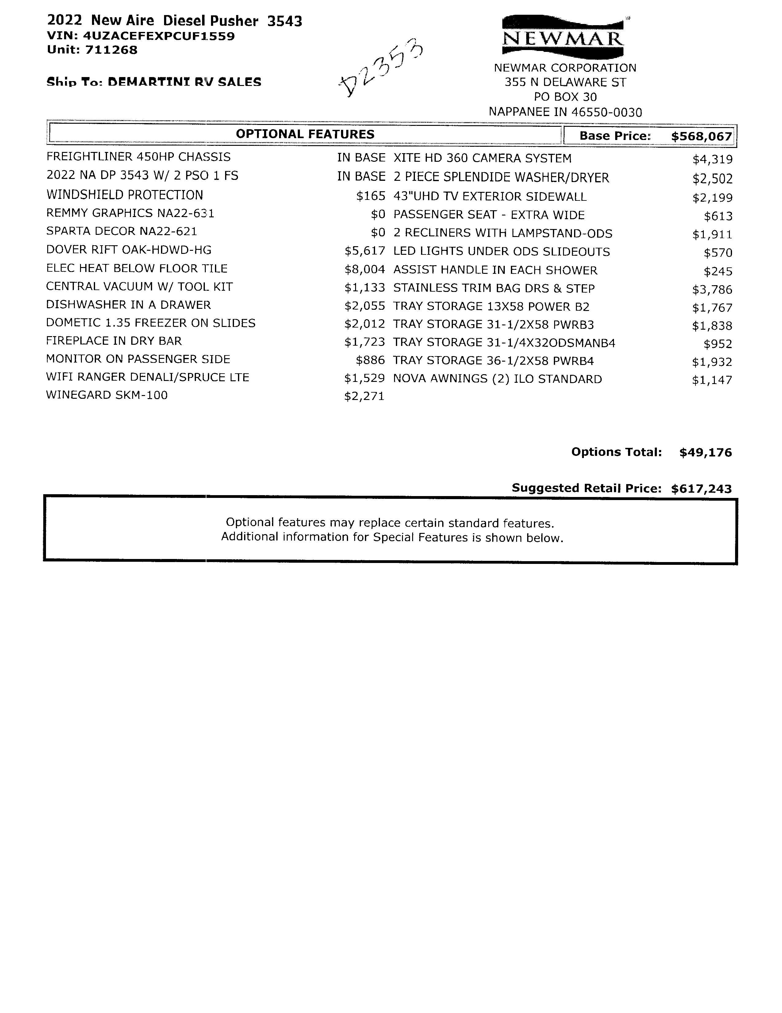 2022 Newmar New Aire 3543 MSRP Sheet