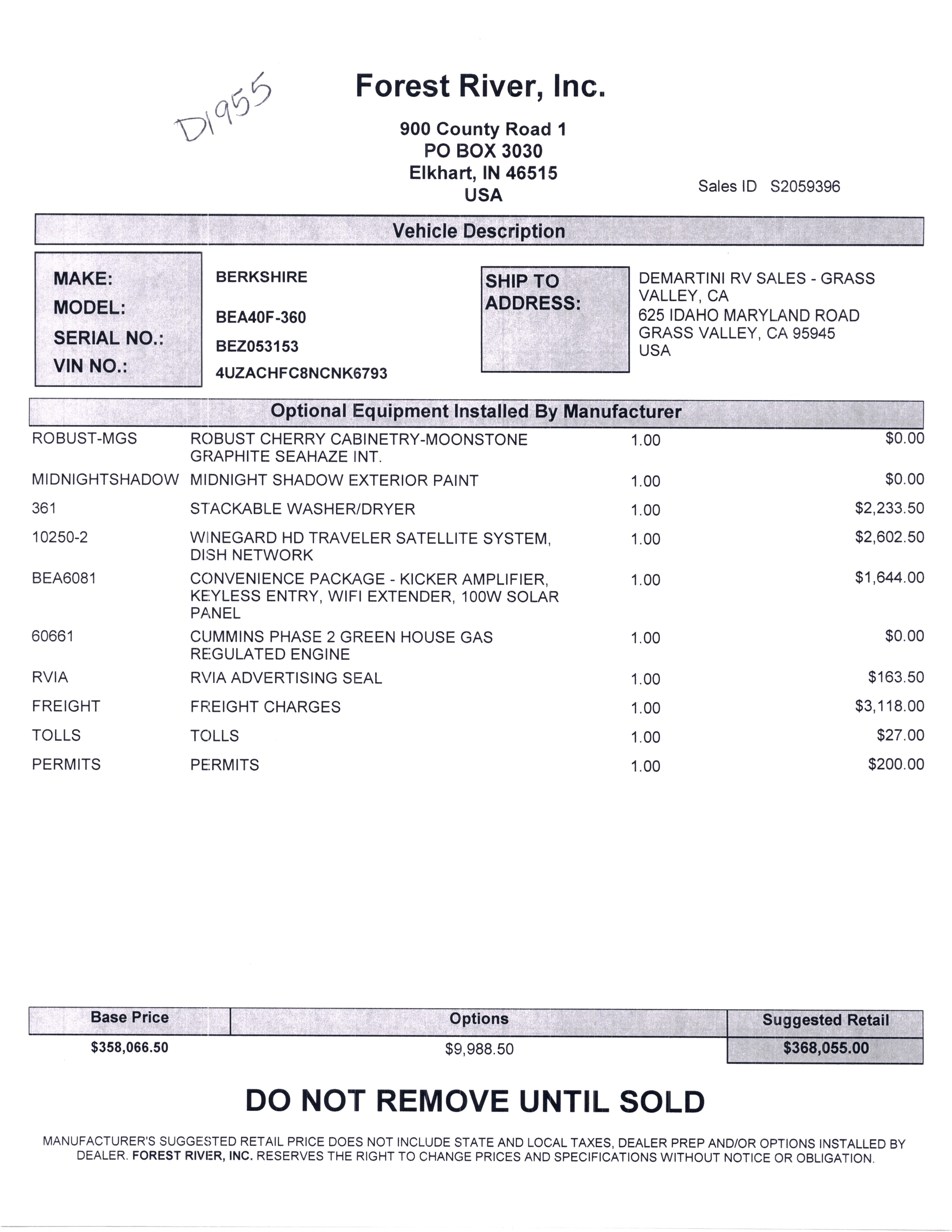 2021 Forest River Berkshire 40F MSRP Sheet