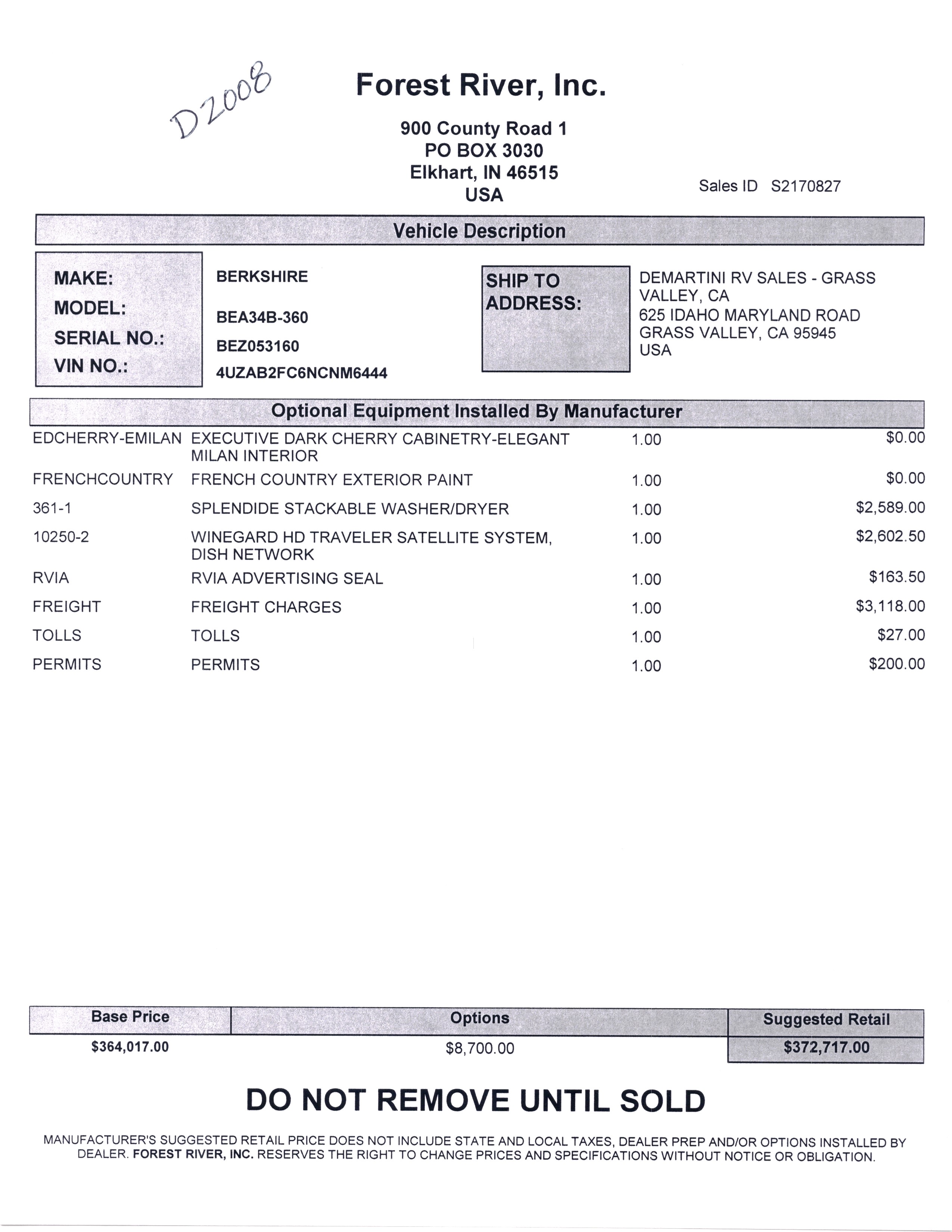 2022 Forest River Berkshire 34B MSRP Sheet