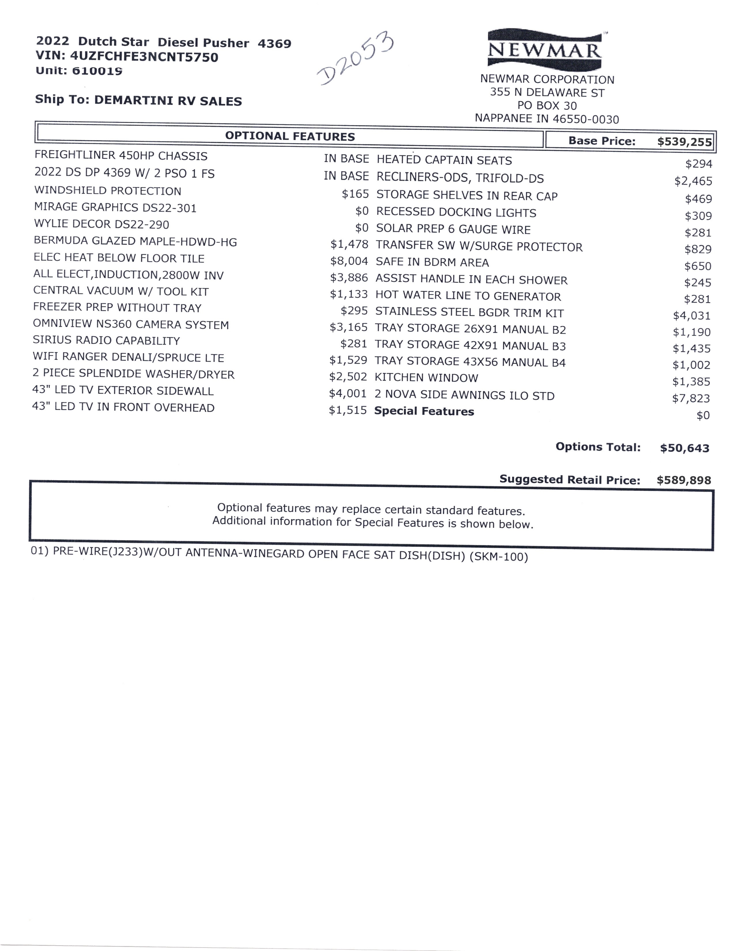 2022 Newmar Dutch Star 4369 MSRP Sheet