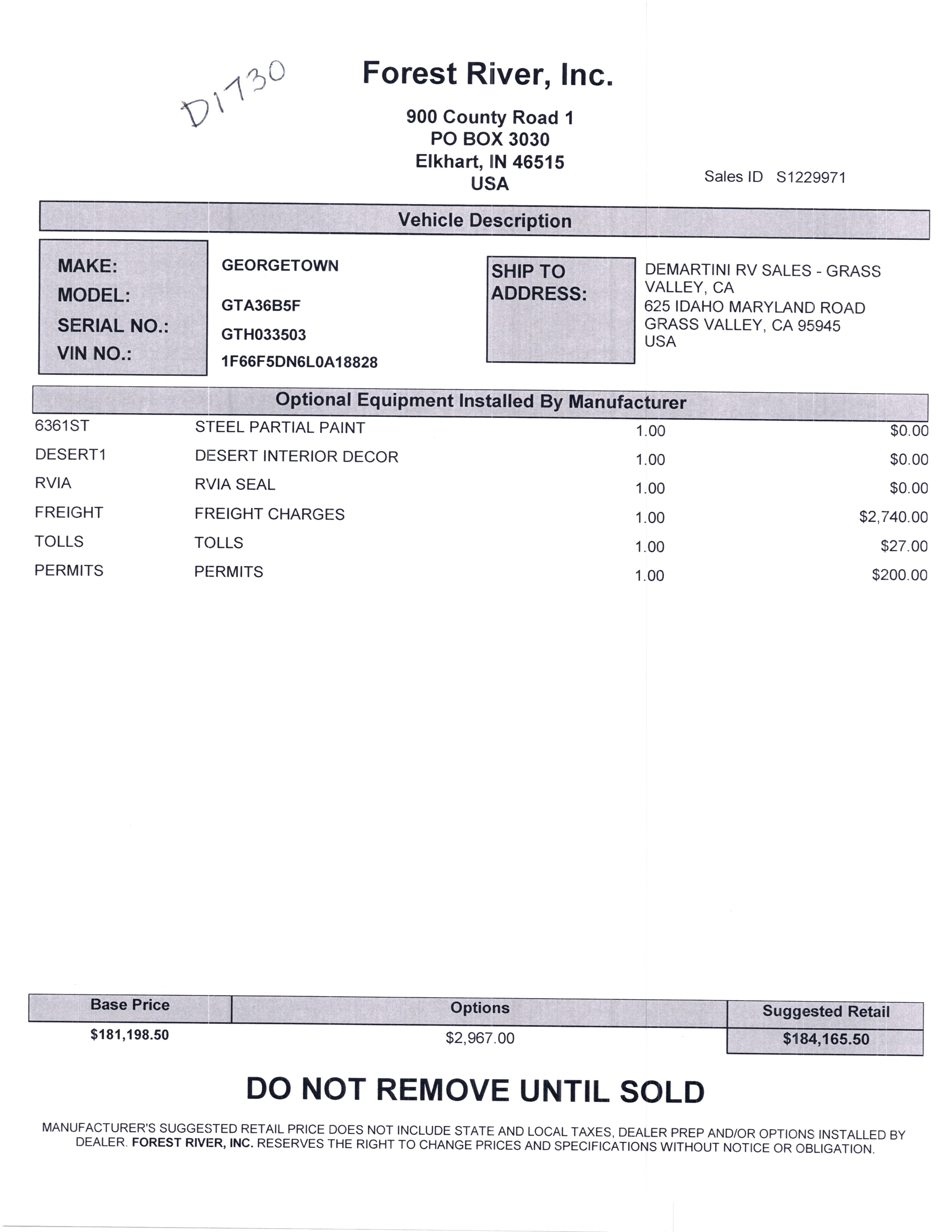 2021 Forest River Georgetown GT5 36B5 MSRP Sheet