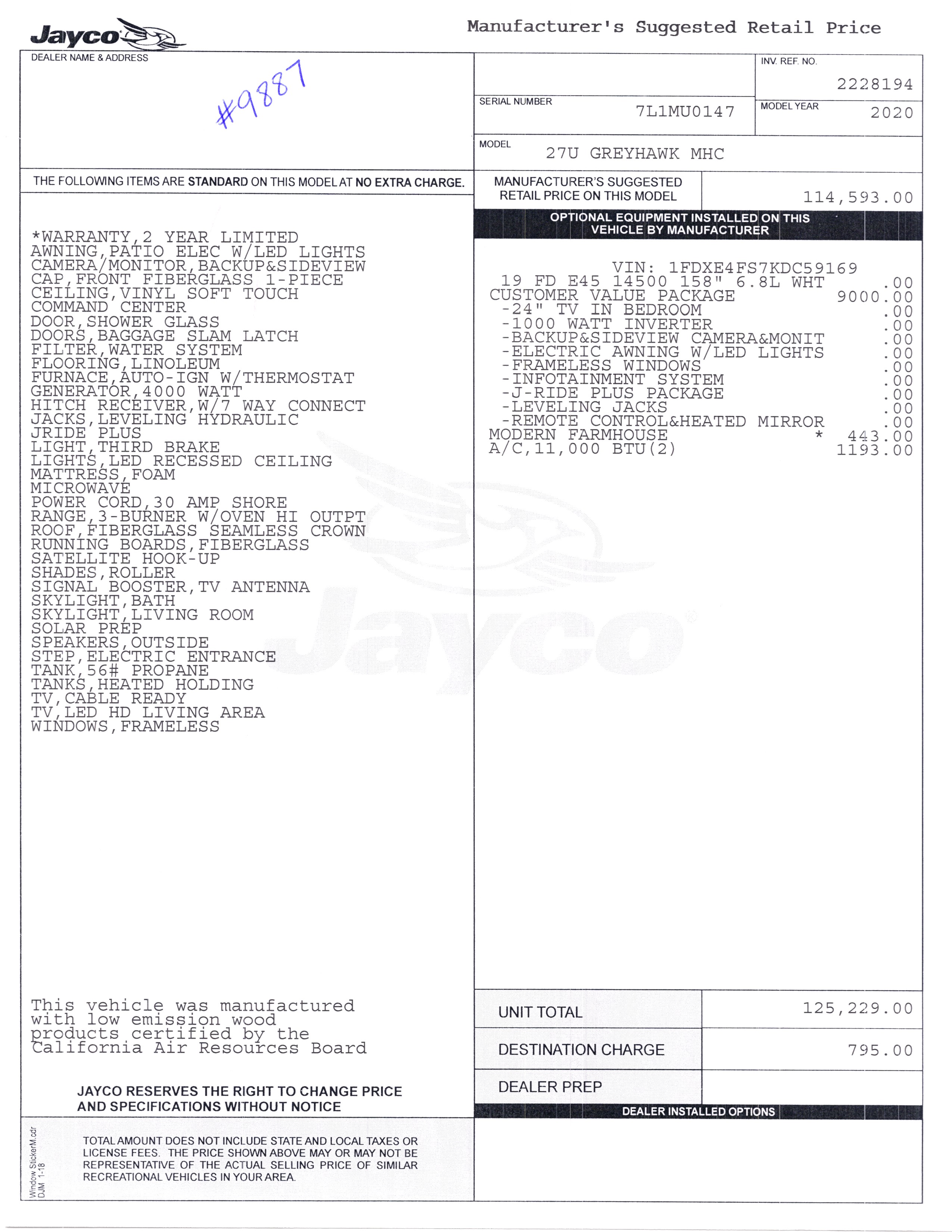 2020 Jayco Greyhawk 27U MSRP Sheet