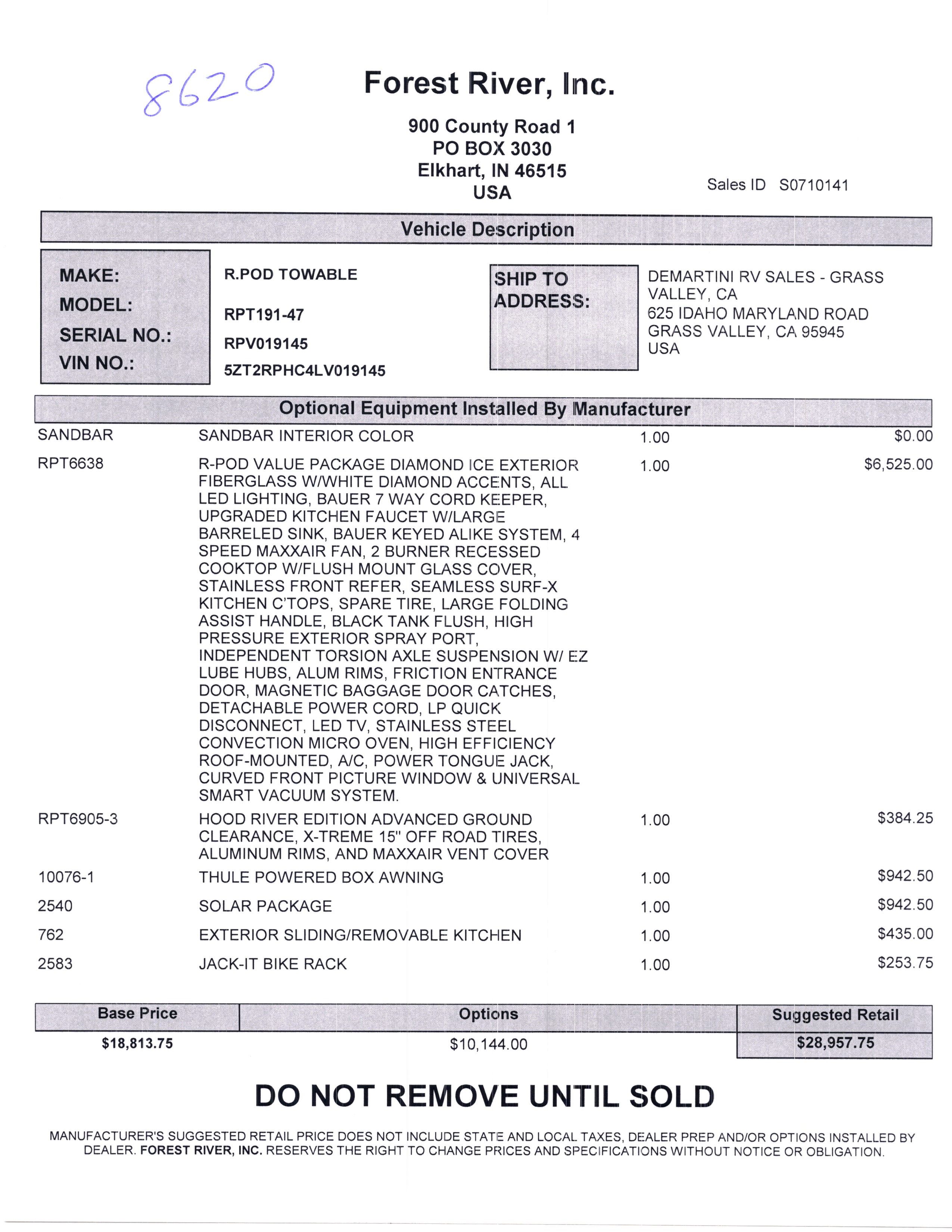 2020 Forest River R-Pod 191 MSRP Sheet