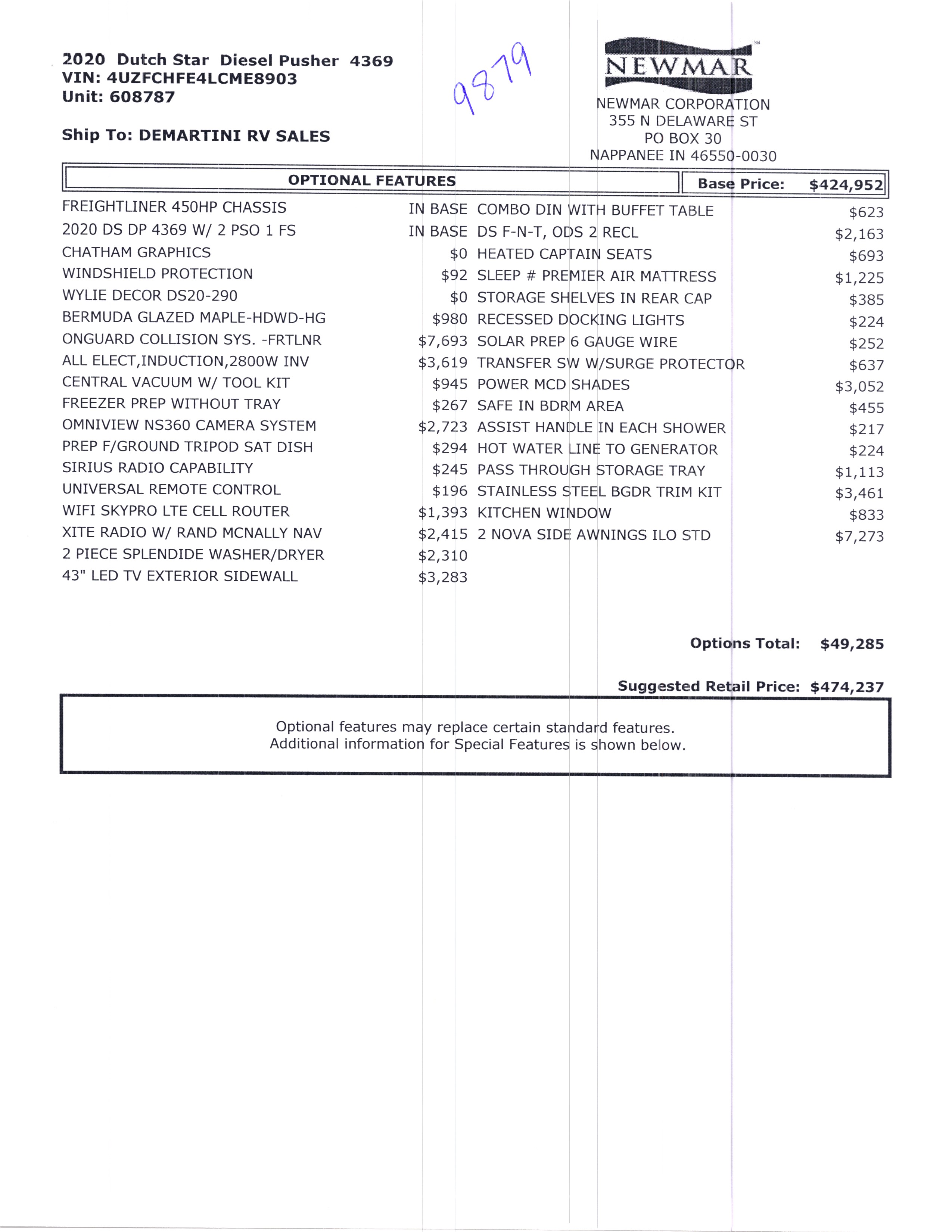 2020 Newmar Dutch Star 4369 MSRP Sheet