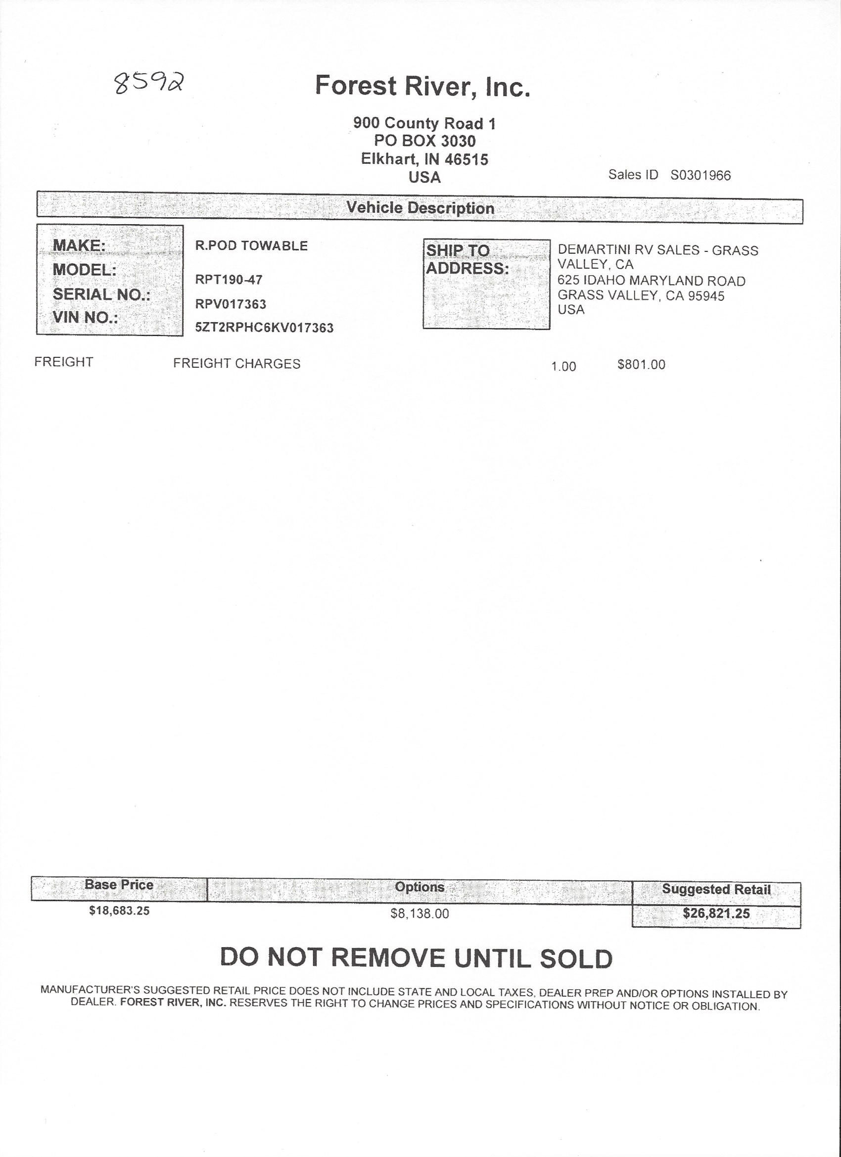 2018 Forest River R-Pod 190 MSRP Sheet