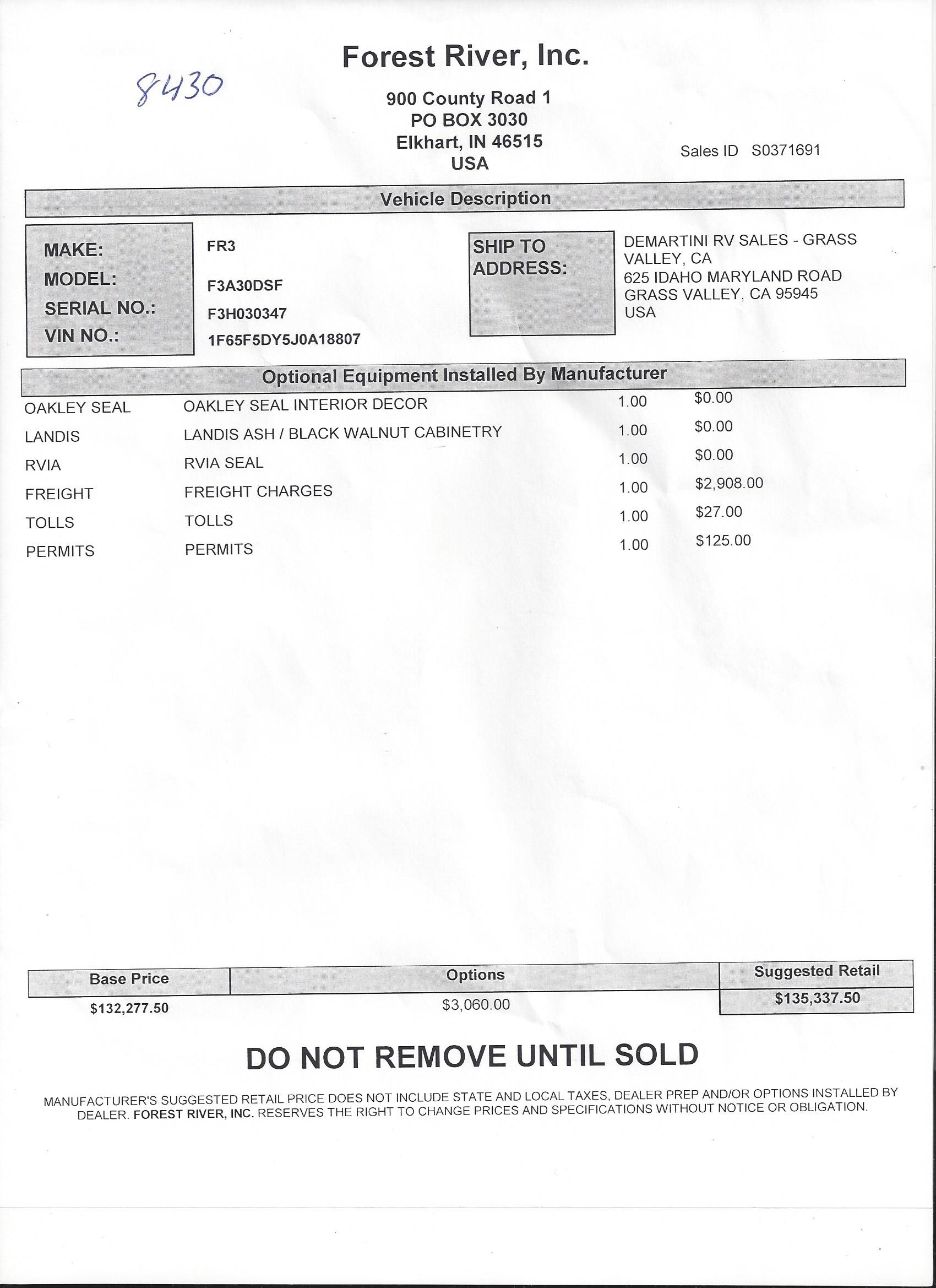 2019 Forest River FR3 30DS MSRP Sheet