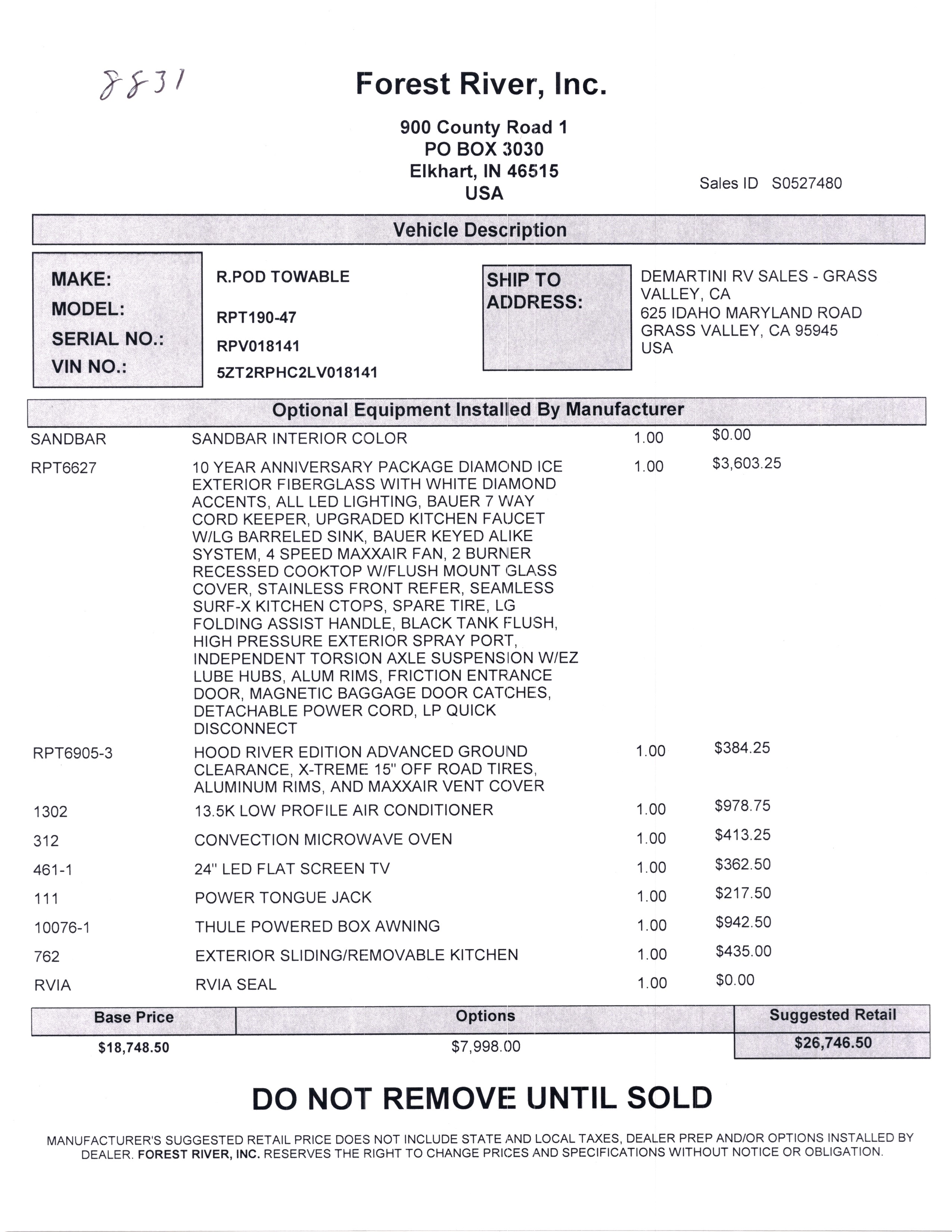 2020 Forest River R-Pod 190 MSRP Sheet