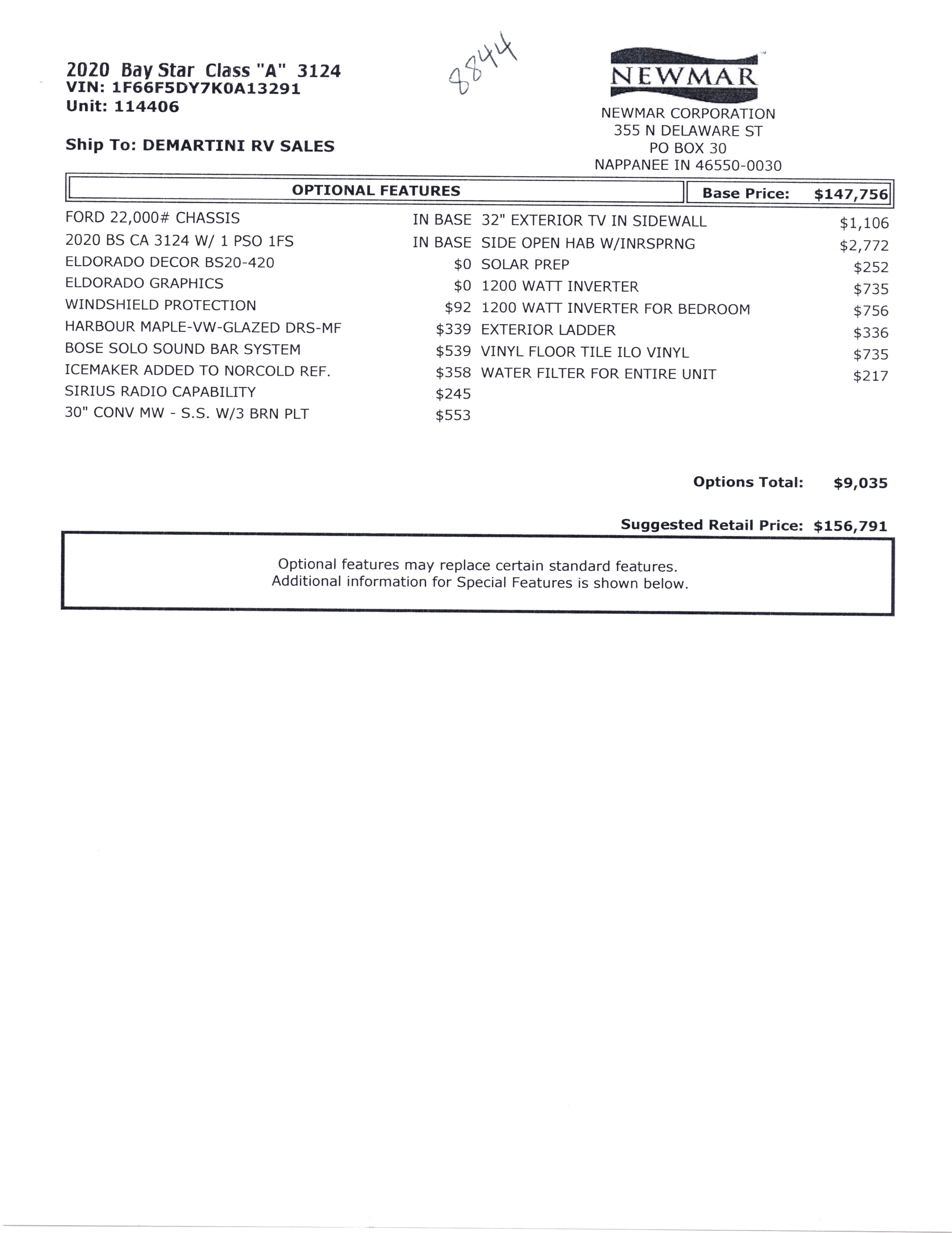 2020 Newmar Bay Star 3124 MSRP Sheet